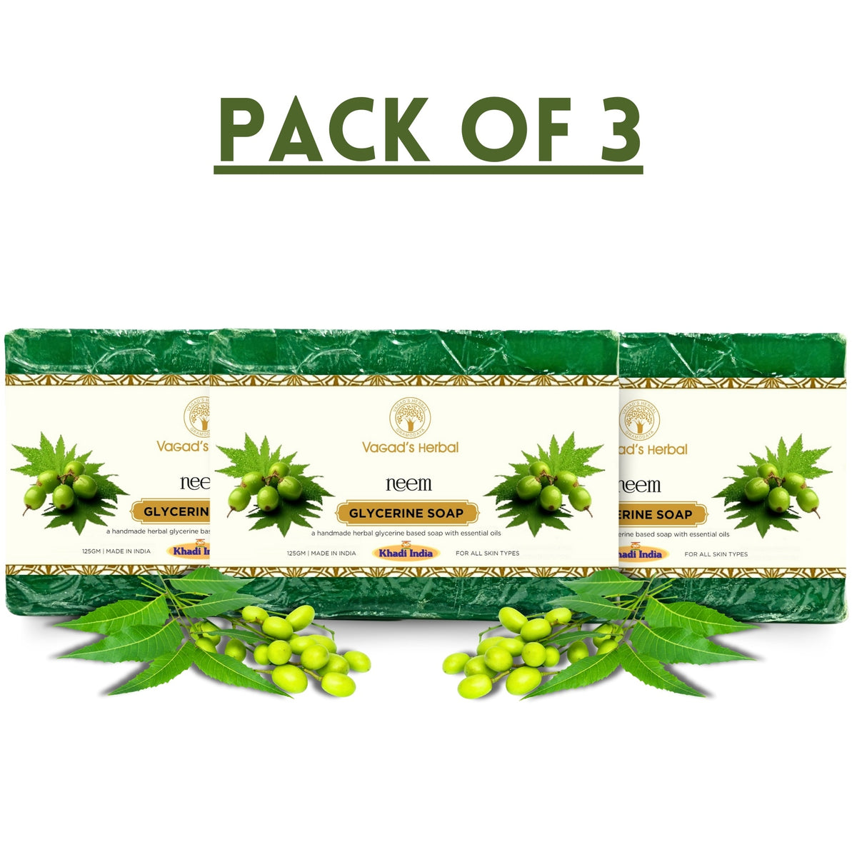 Vagad’s Herbal Neem Soap – Antibacterial Herbal Cleanser for Acne-Prone & Oily Skin | Fights Acne, Controls Oil, Soothes Irritation - 125gm (Pack of 3)