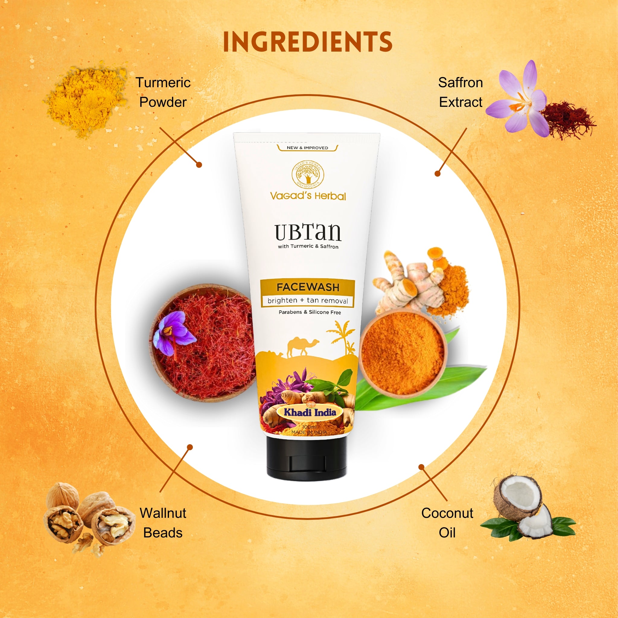 Khadi Herbal Ubtan with Turmeric & Saffron Face Wash - Brighten + Tan Removal