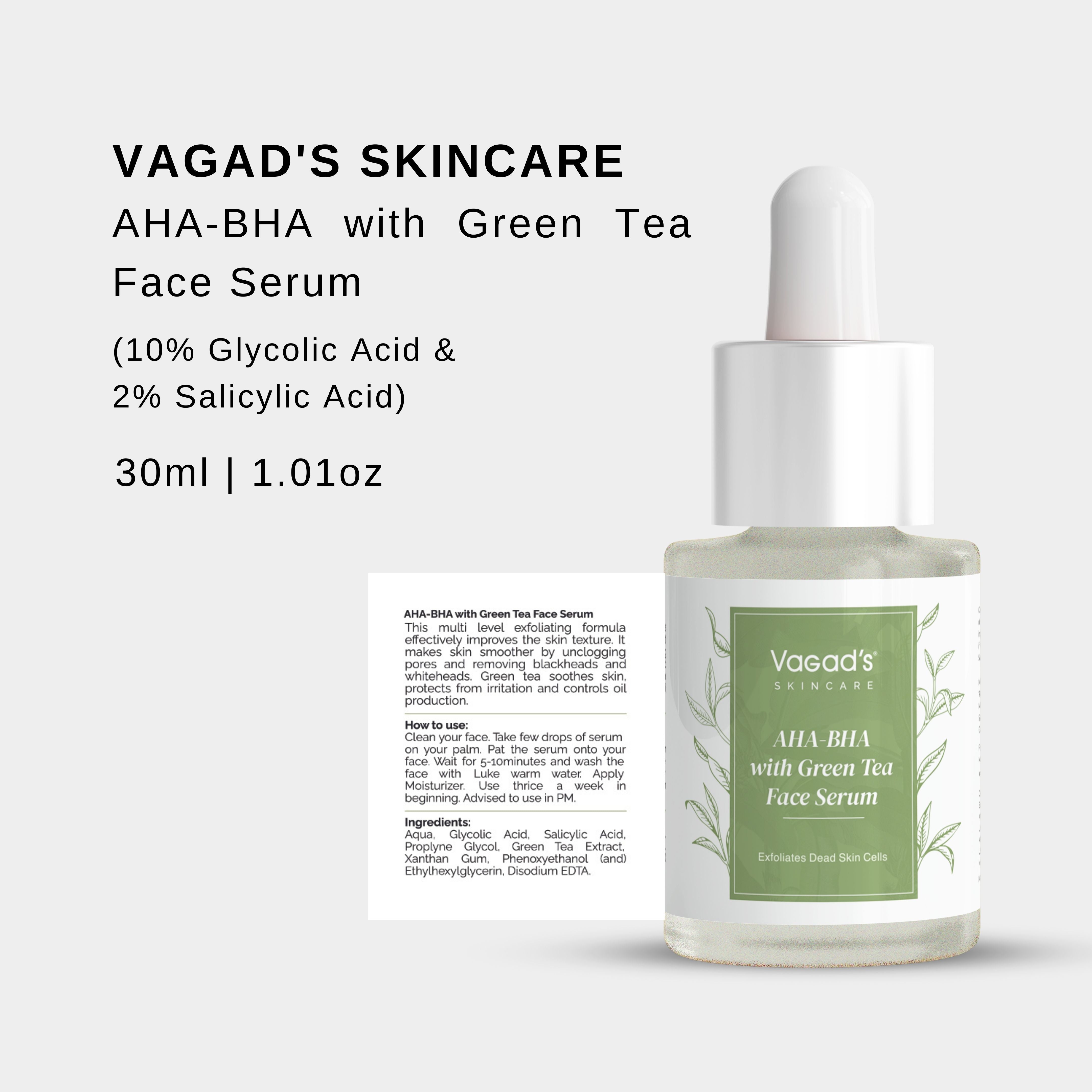 10% AHA (Lactic Acid & Glycolic Acid) & 2% BHA (Salicylic Acid) with Green Tea Face Serum, 30ml