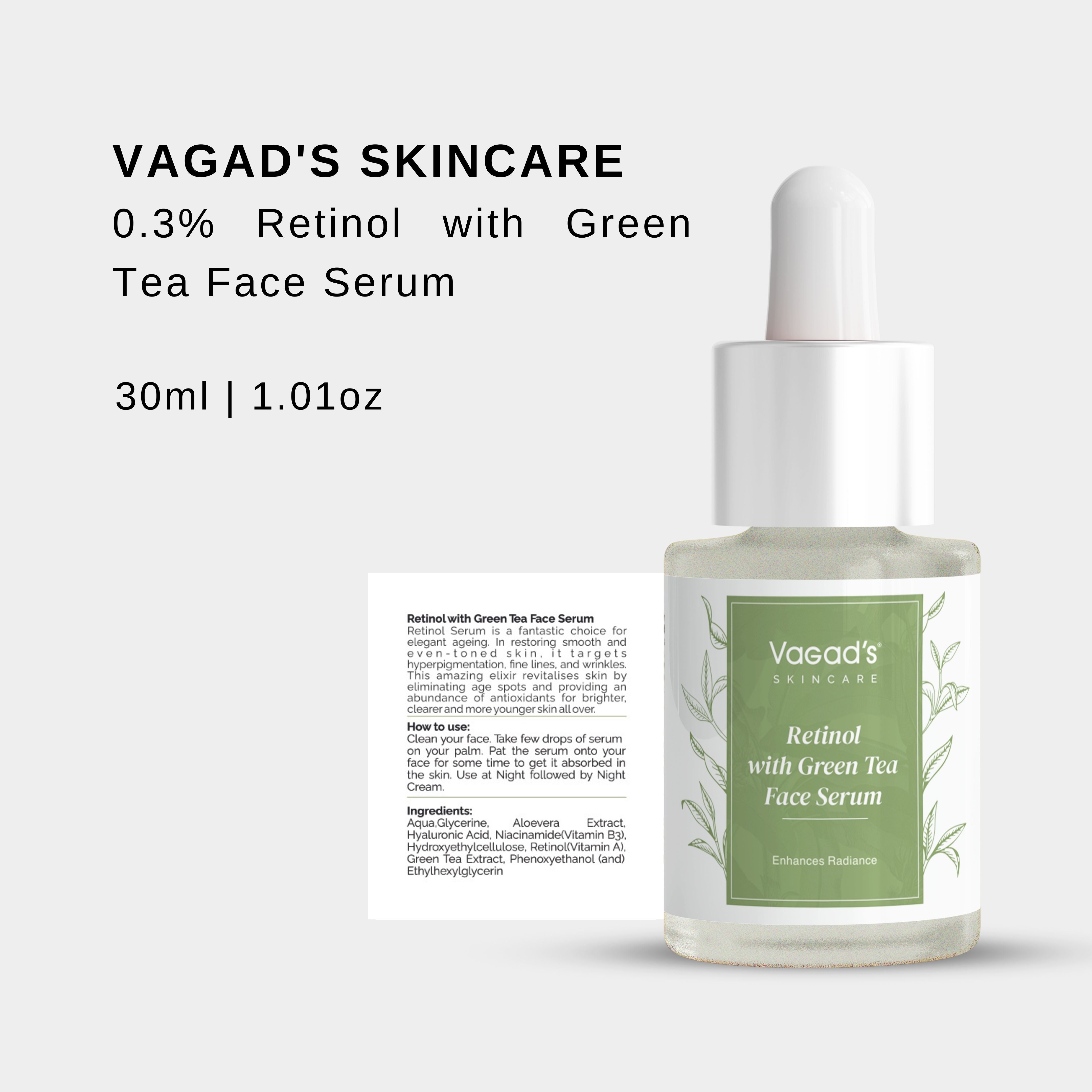 0.3% Retinol with Green Tea Face Serum with anti-ageing properties, 30ml