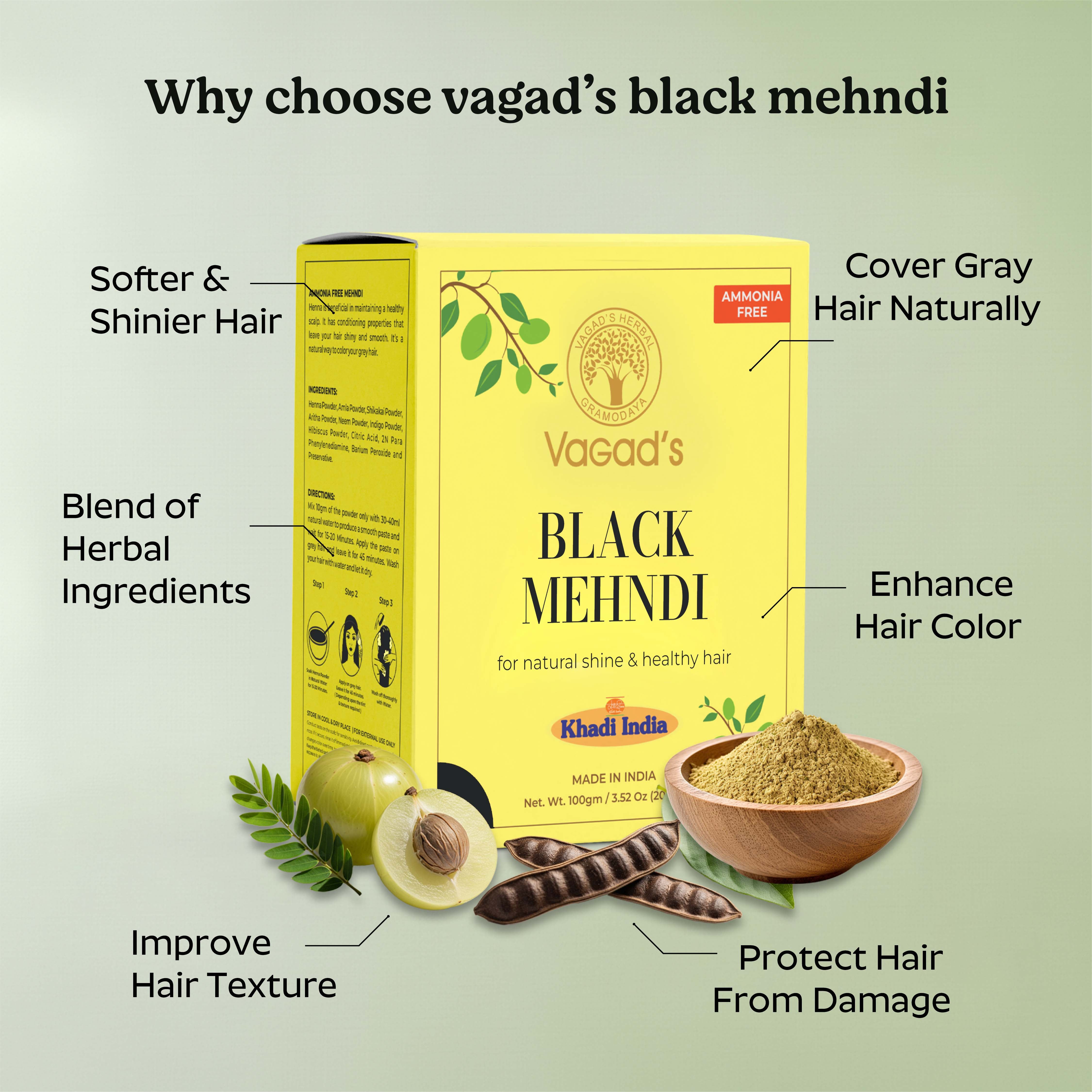 Vagad's Herbal Black Hair Mehndi (henna-based, premium quality, no ammonia) - 100gm