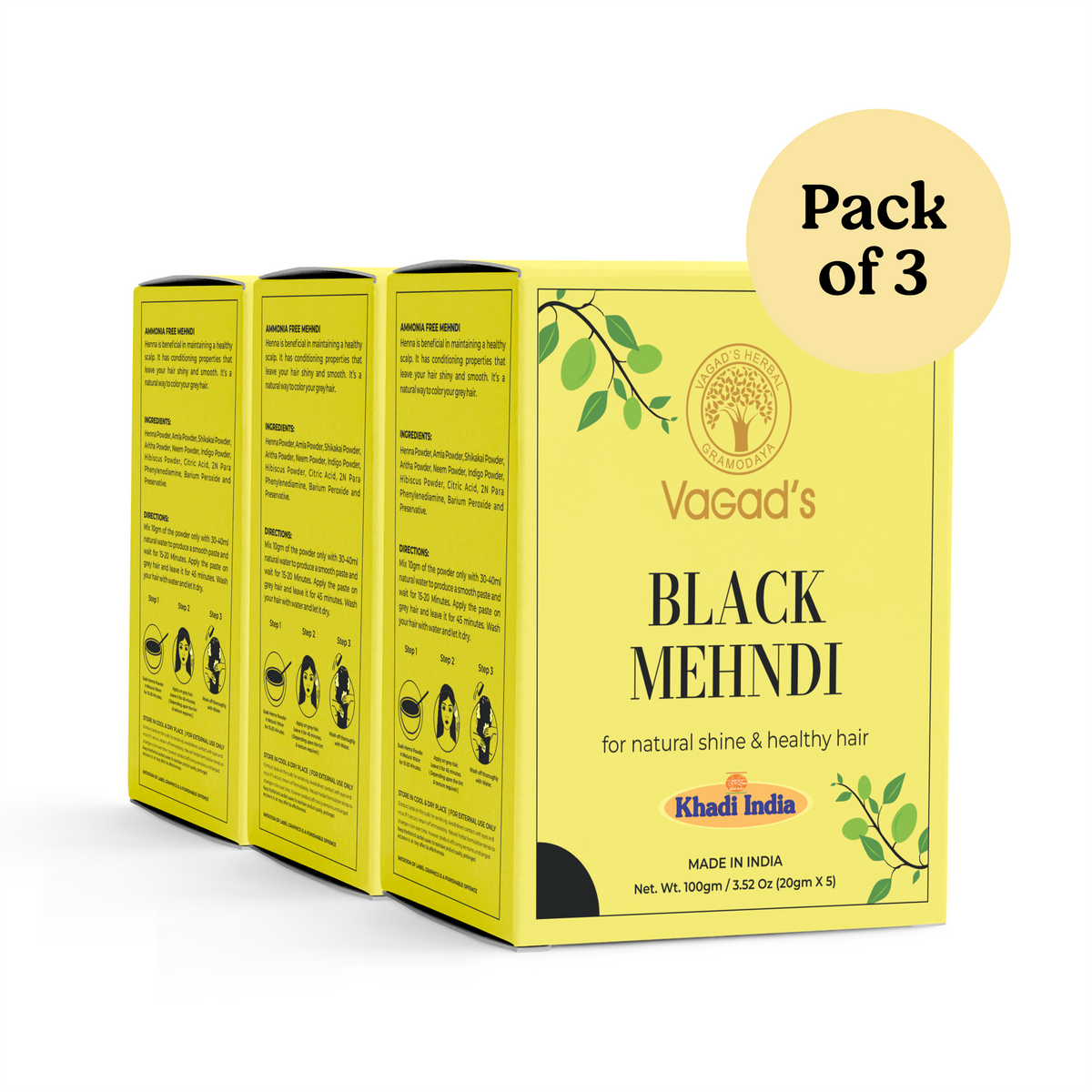 Vagad's Herbal Black Hair Mehndi pack of three boxes, featuring yellow packaging with green leaf accents.