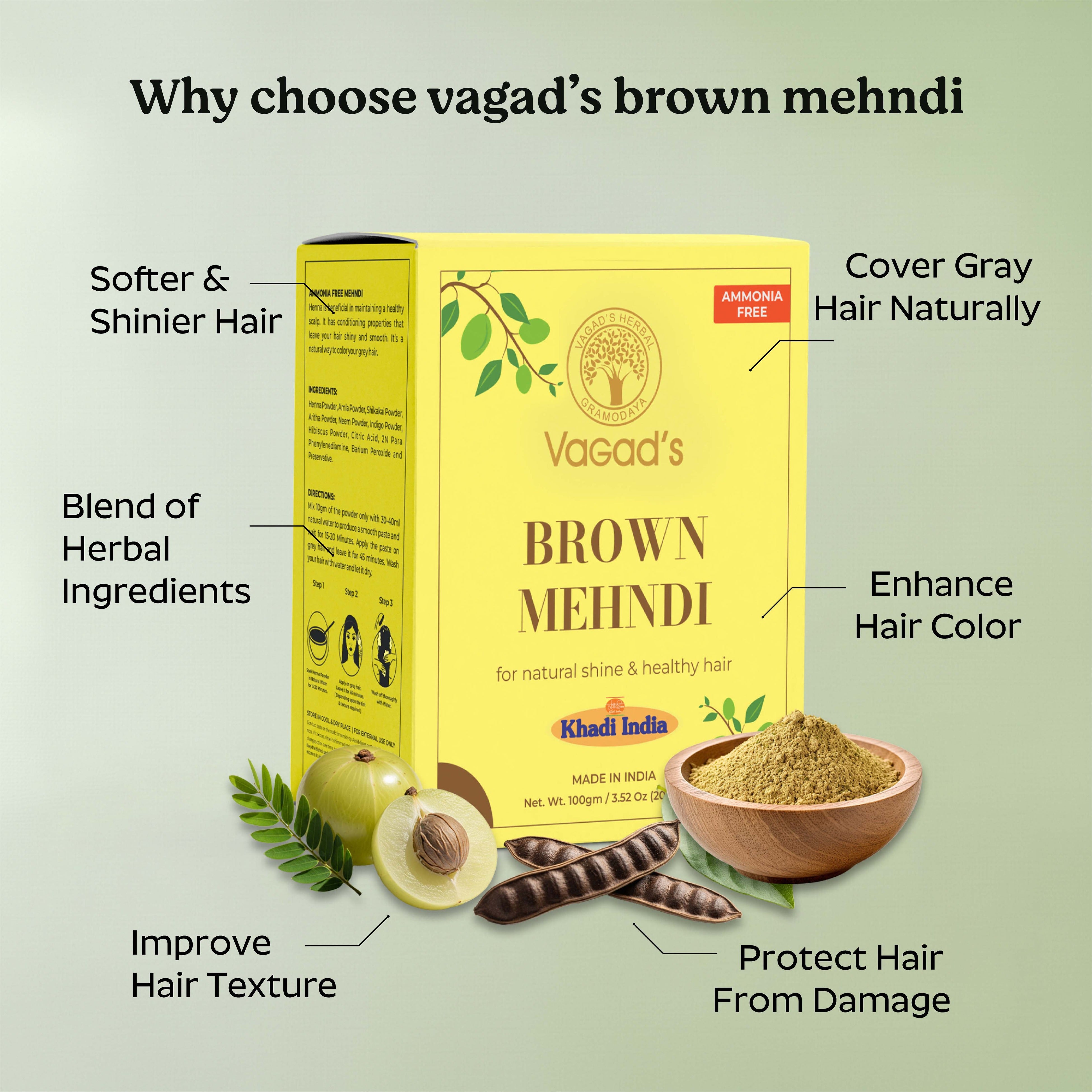 Vagad's Herbal Brown Hair Mehndi – Natural No-Ammonia Hair Color Powder with Henna & Indigo for Grey Coverage & Hair Nourishment – 100g
