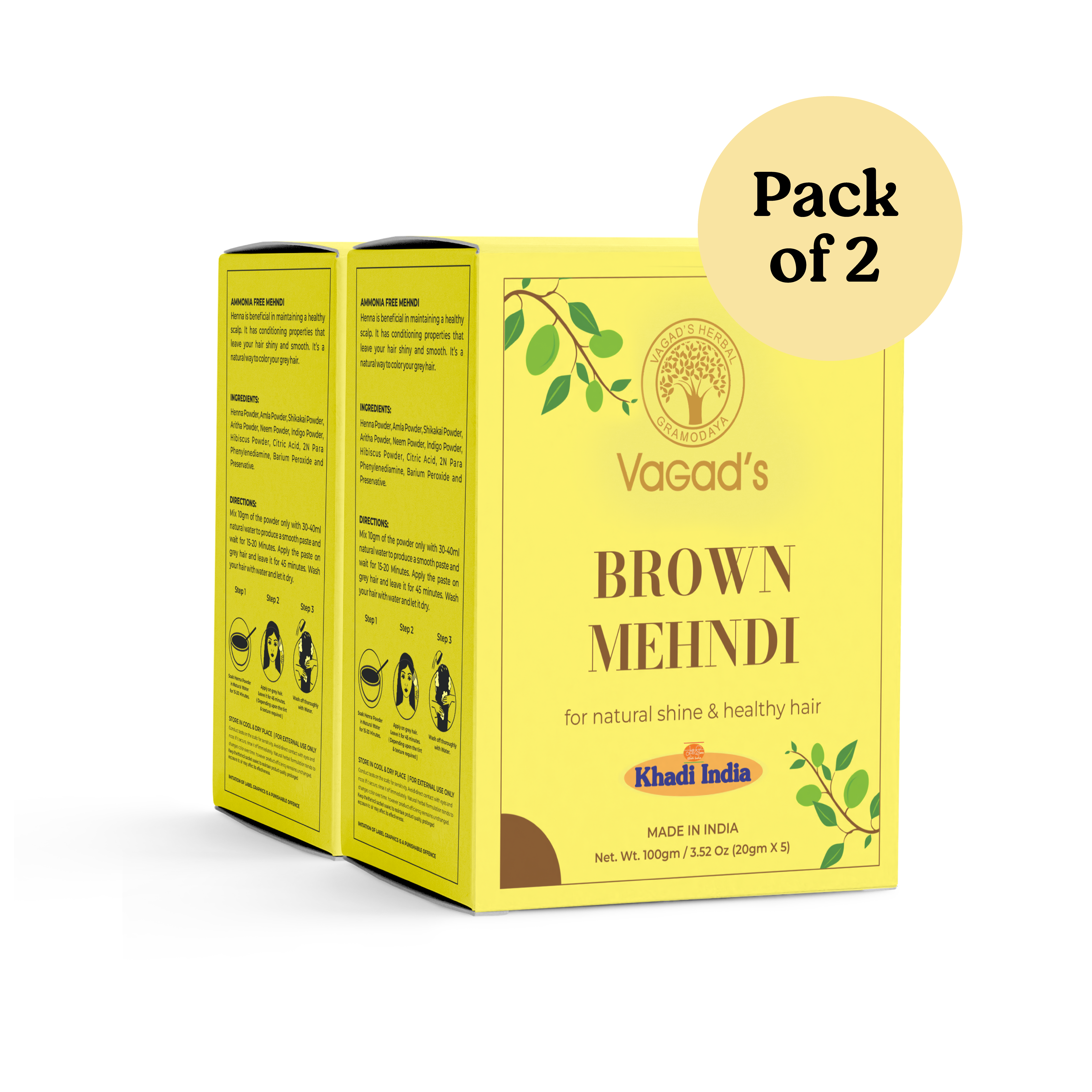 Vagad's Herbal Brown Hair Mehndi – Natural No-Ammonia Hair Color Powder with Henna & Indigo for Grey Coverage & Hair Nourishment – 100g
