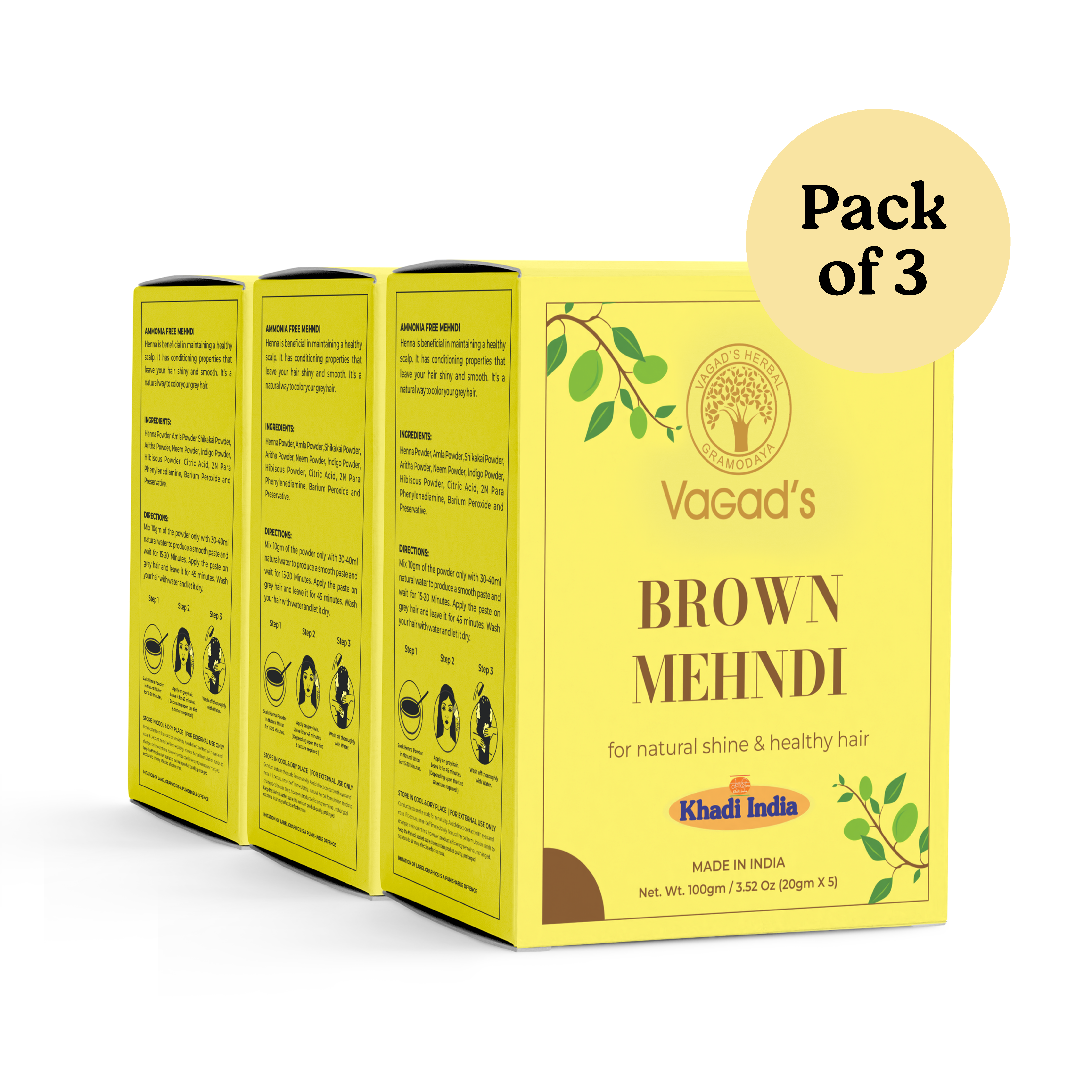 Vagad's Herbal Brown Hair Mehndi – Natural No-Ammonia Hair Color Powder with Henna & Indigo for Grey Coverage & Hair Nourishment – 100g
