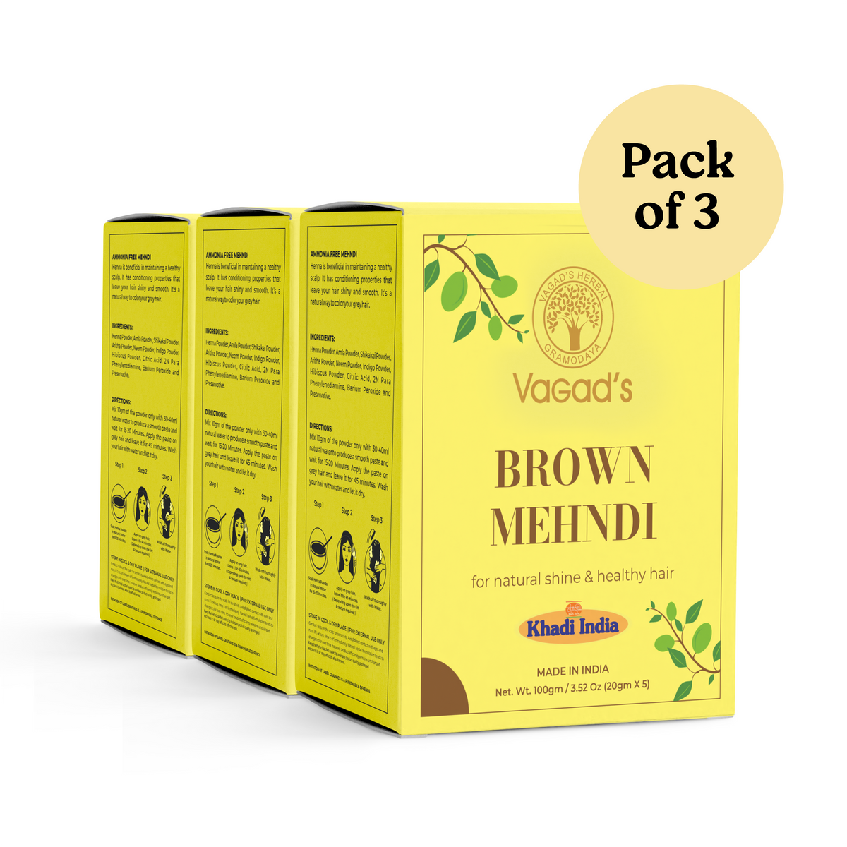 Vagad's Herbal Brown Hair Mehndi boxes in yellow packaging, labeled for natural shine and healthy hair, pack of three.