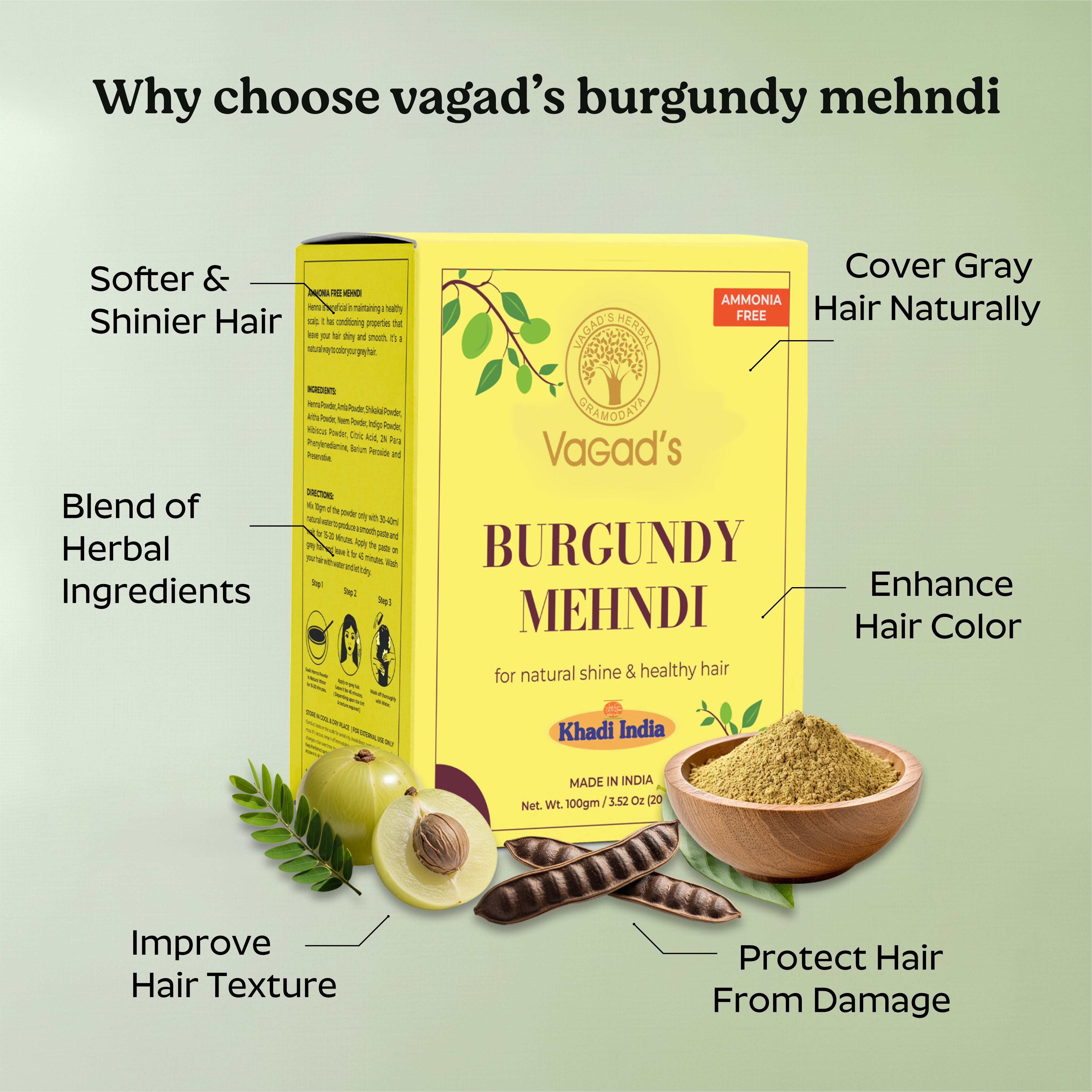 Vagad’s Herbal Burgundy Hair Mehndi – 100% Natural Hair Color & Conditioner | Covers Grey Hair | Promotes Hair Growth – 100gm