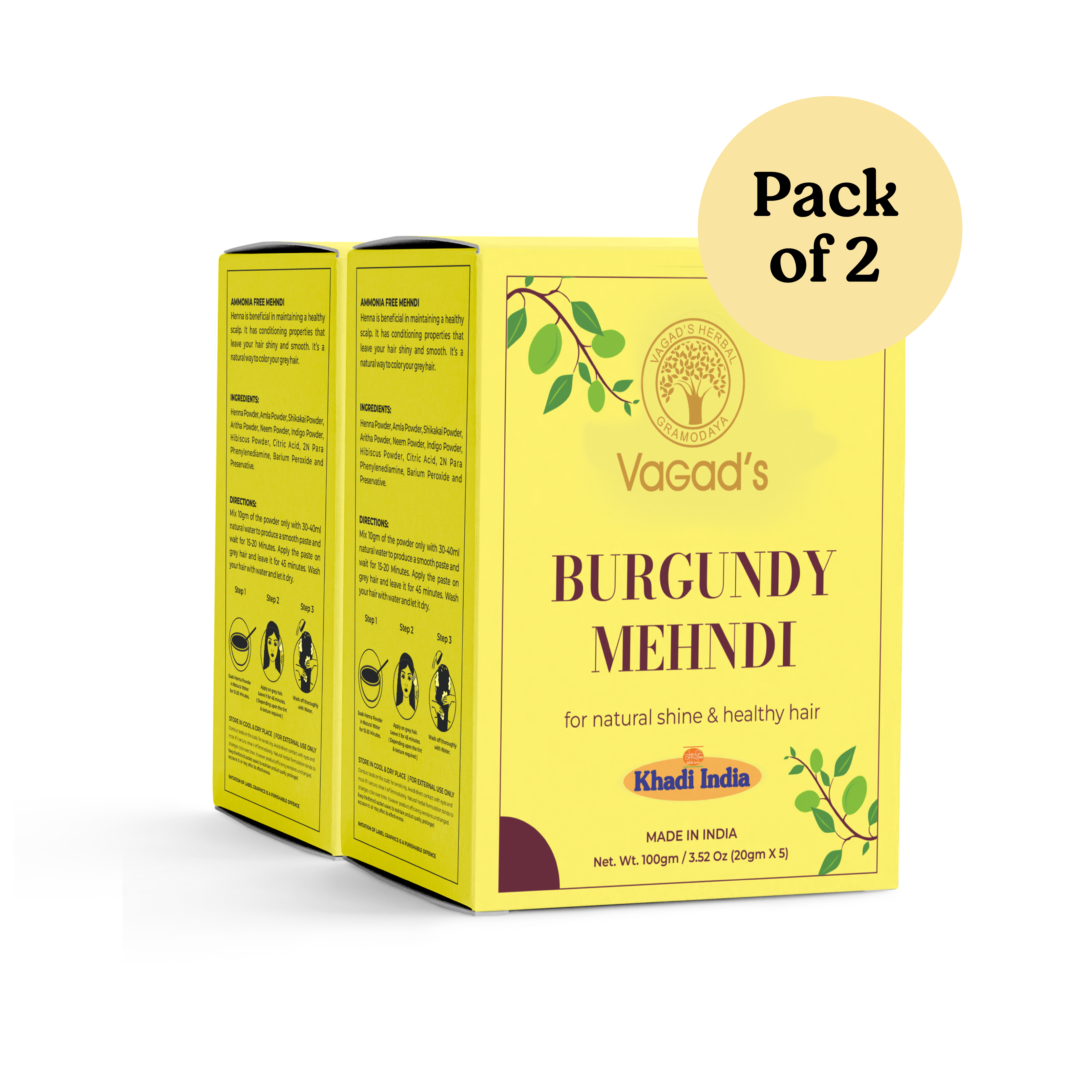 Vagad’s Herbal Burgundy Hair Mehndi – 100% Natural Hair Color & Conditioner | Covers Grey Hair | Promotes Hair Growth – 100gm