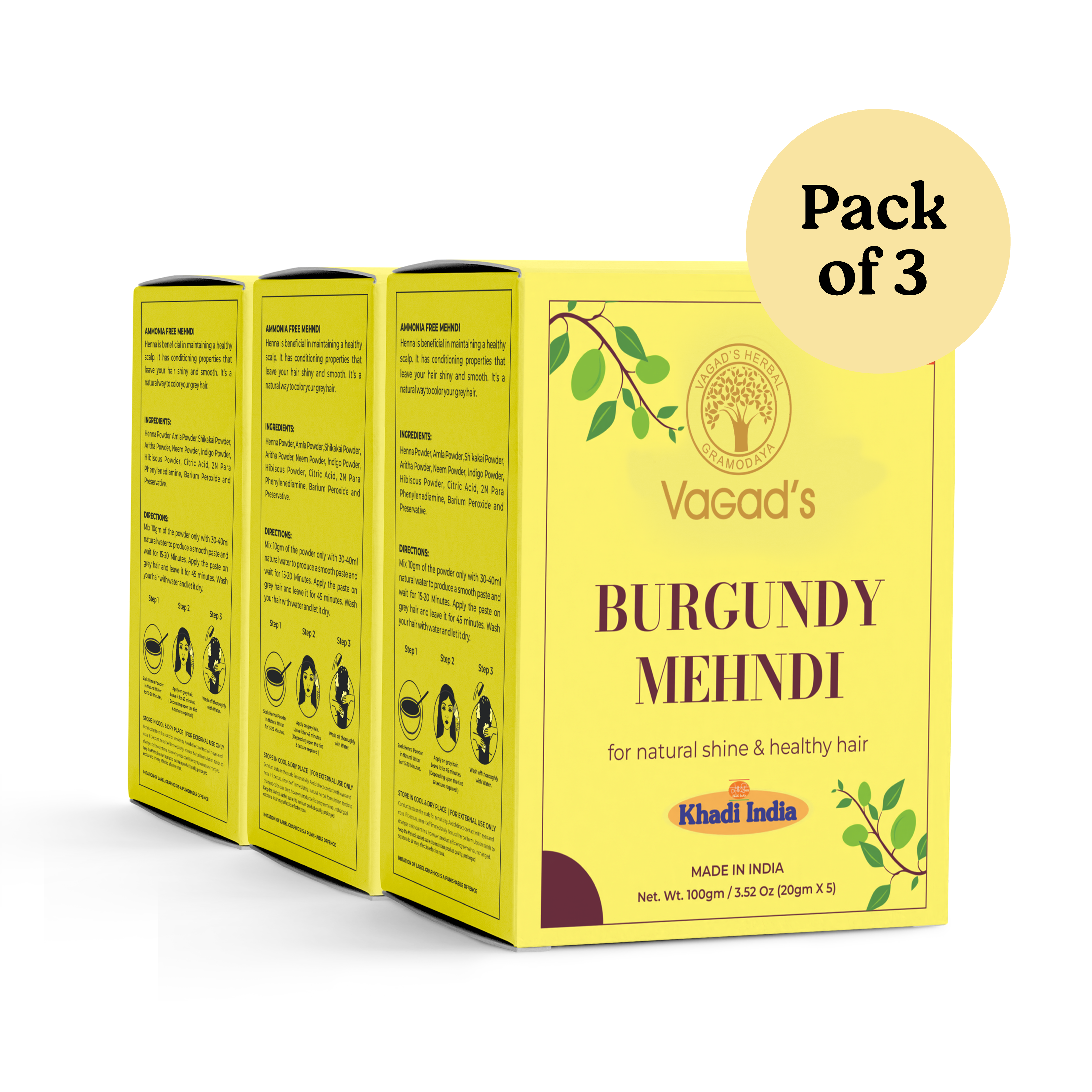 Vagad’s Herbal Burgundy Hair Mehndi – 100% Natural Hair Color & Conditioner | Covers Grey Hair | Promotes Hair Growth – 100gm