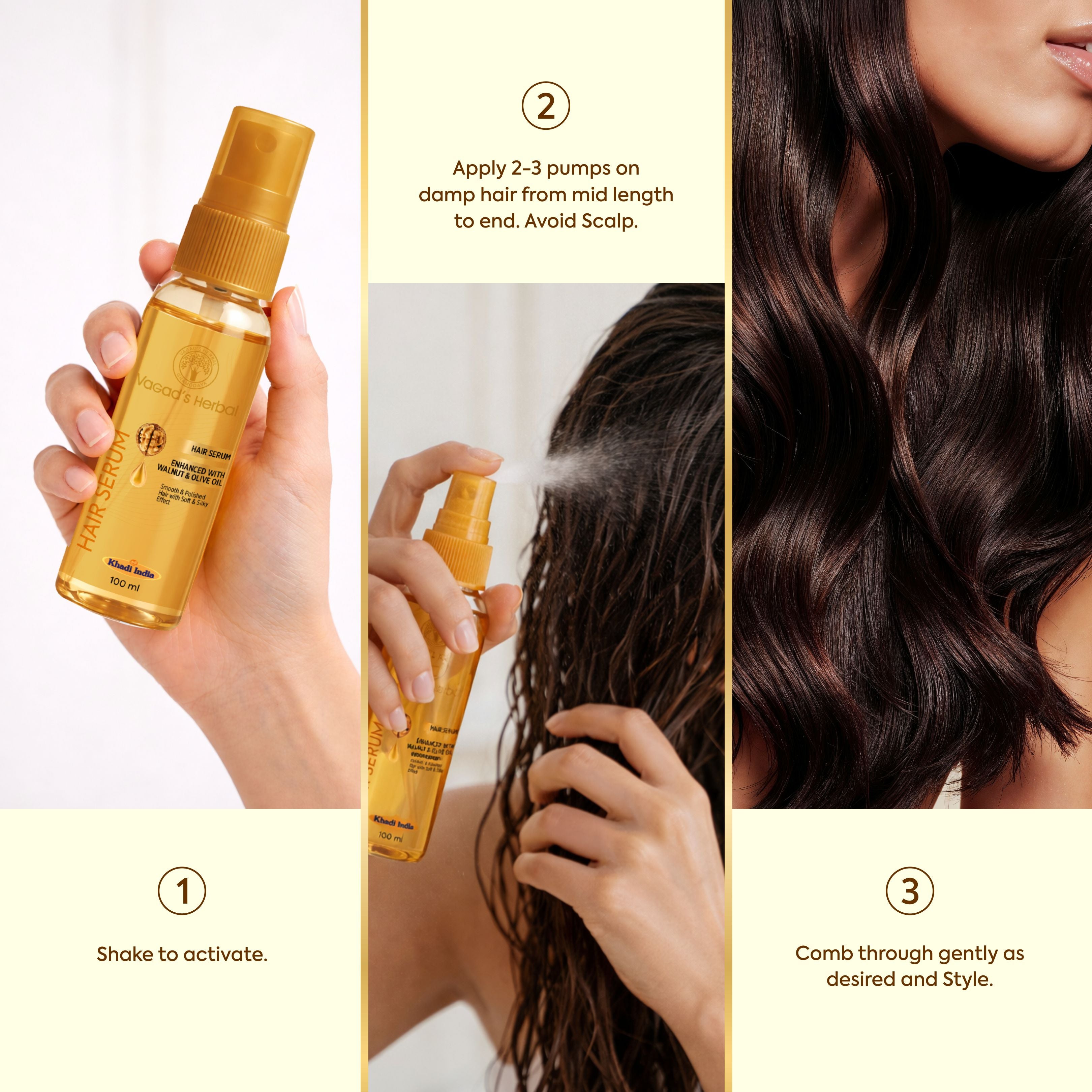 Vagad’s Hair Serum with Walnut & Olive Oil – Frizz Control & Shine Enhancing Serum for Dry, Frizzy & Damaged Hair – Lightweight, Non-Sticky Formula – 100ml