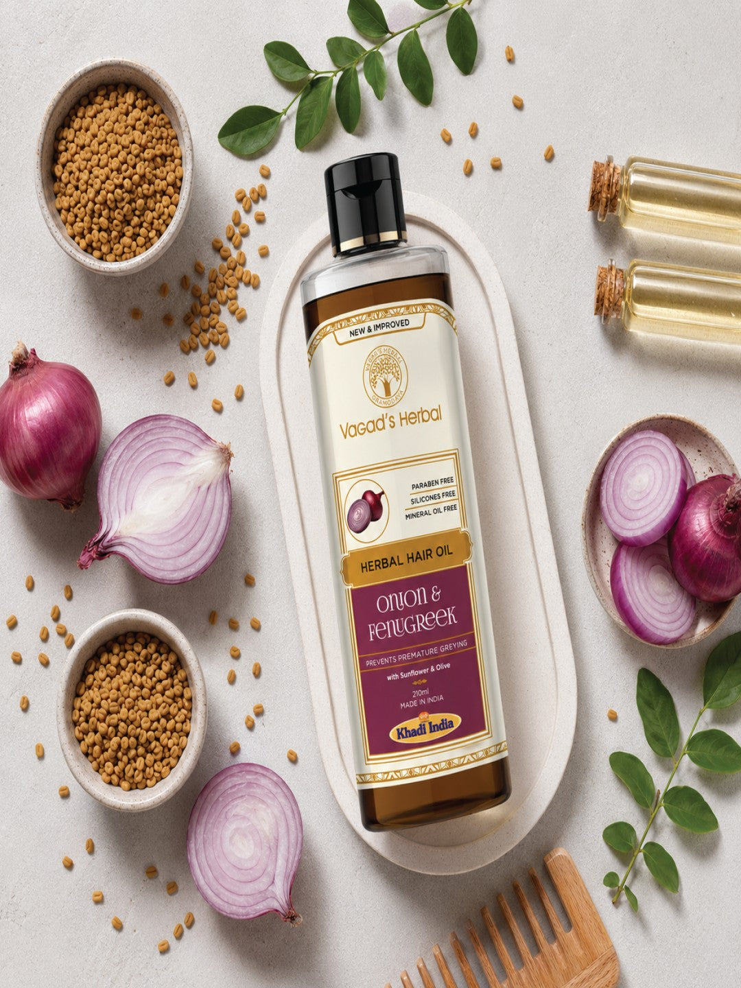 Vagad's Herbal Onion & Fenugreek Hair Oil for Hair Fall Control & Hair Growth – 100% Natural Oil with Bhringraj, Amla & Coconut – 210ml