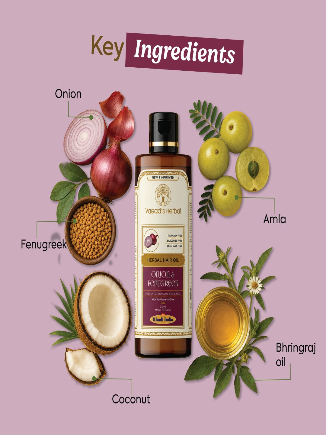 Vagad's Herbal Onion & Fenugreek Hair Oil for Hair Fall Control & Hair Growth – 100% Natural Oil with Bhringraj, Amla & Coconut – 210ml