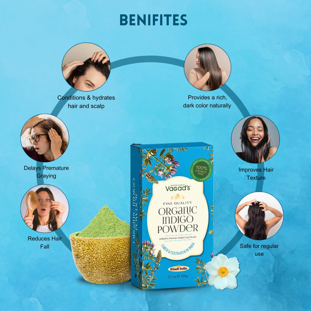 Vagad's Organic Indigo Powder – Natural Hair Dye for Grey Coverage & Deep Conditioning – 100% Pure and Chemical-Free – 100g