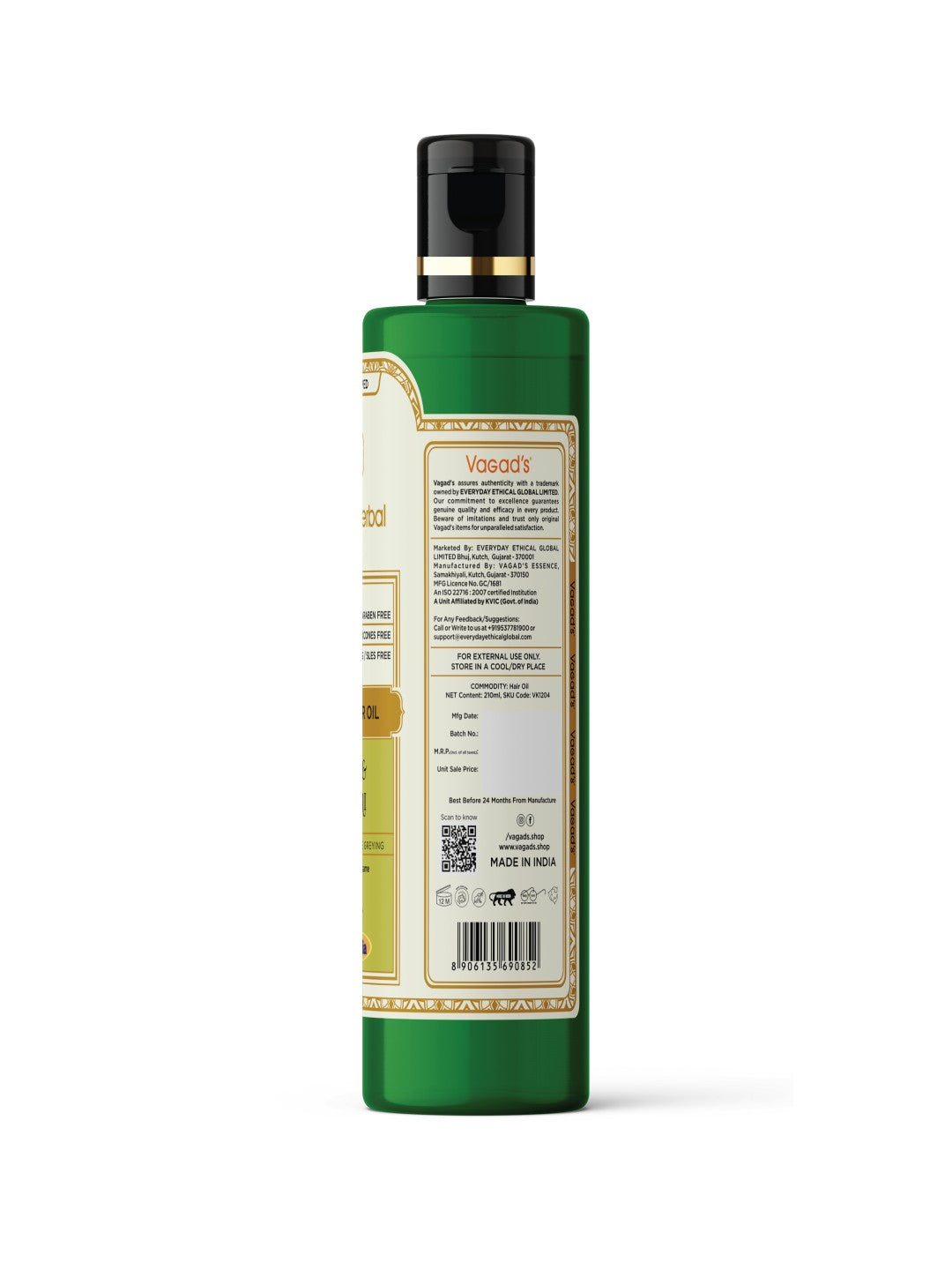 Vagad’s Herbal Amla & Brahmi Hair Oil – For Hair Fall Control, Thickening & Deep Scalp Nourishment - 210ml