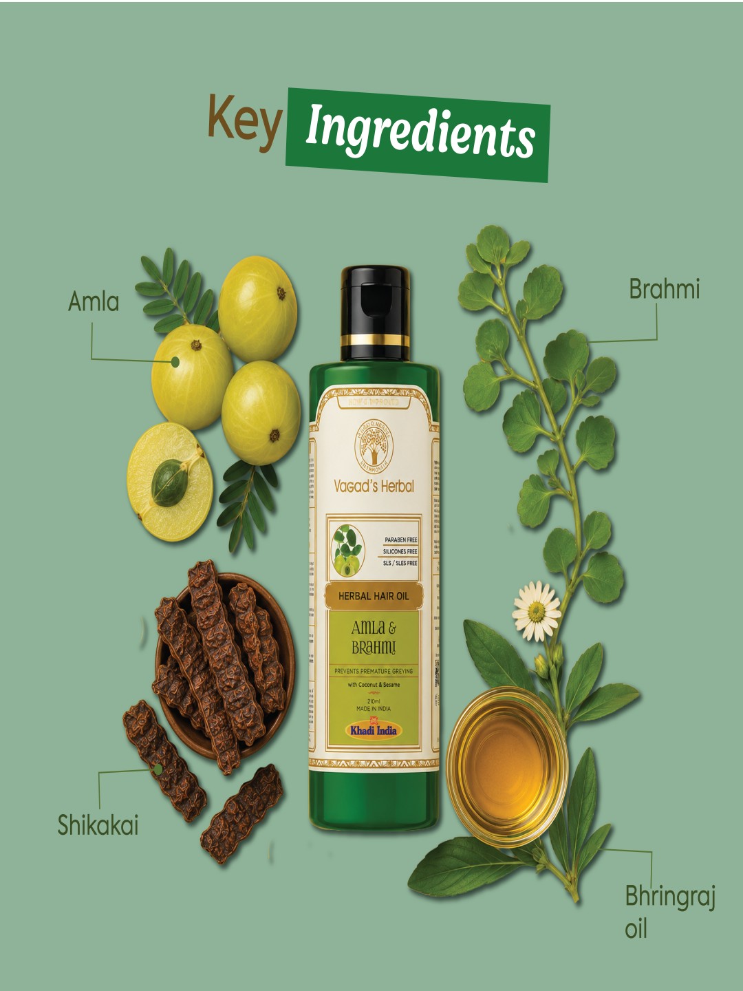 Vagad’s Herbal Amla & Brahmi Hair Oil – For Hair Fall Control, Thickening & Deep Scalp Nourishment - 210ml