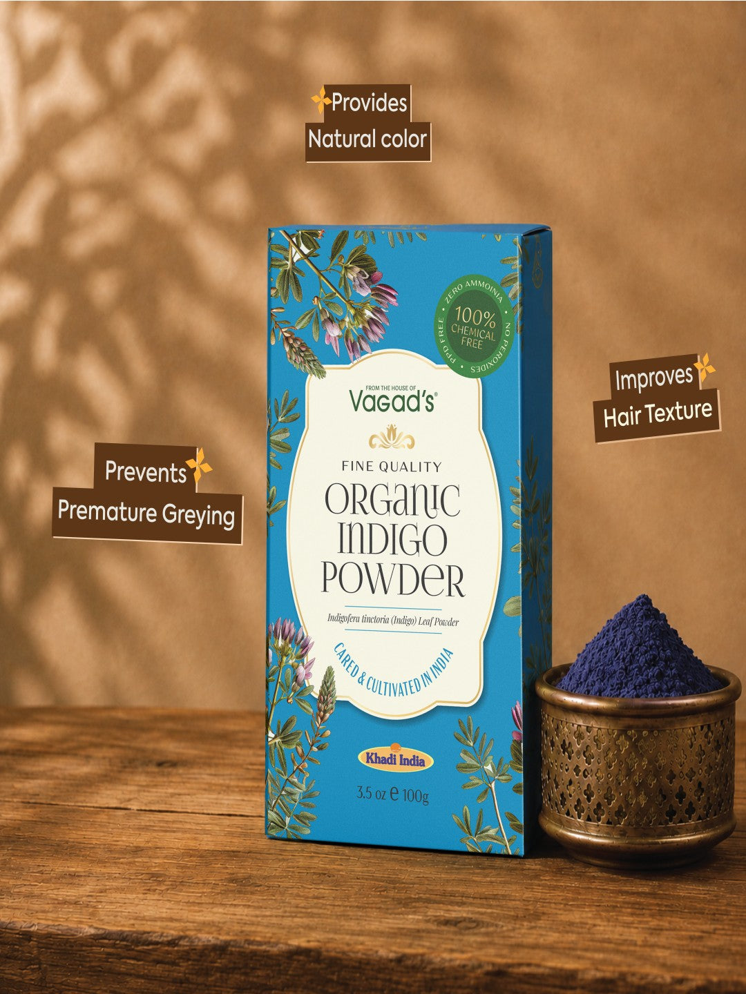 Vagad's Organic Indigo Powder – Natural Hair Dye for Grey Coverage & Deep Conditioning – 100% Pure and Chemical-Free – 100g
