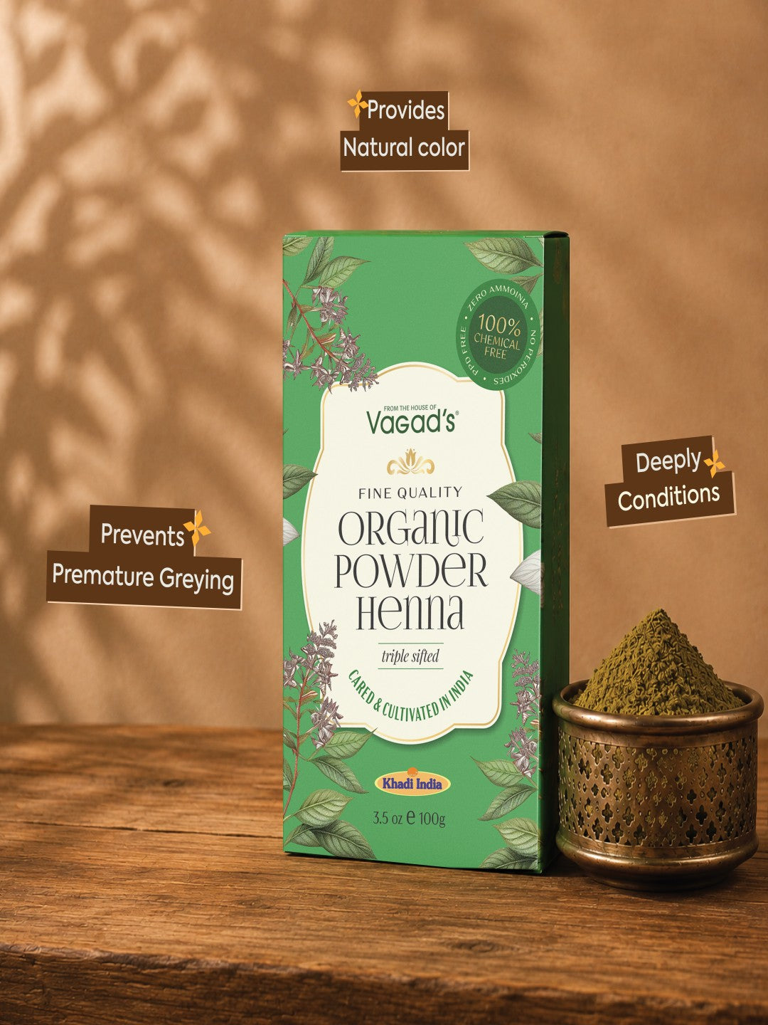 Vagad's Pure and Organic Henna Powder – Herbal Hair & Skin Dye with Conditioning – 100g