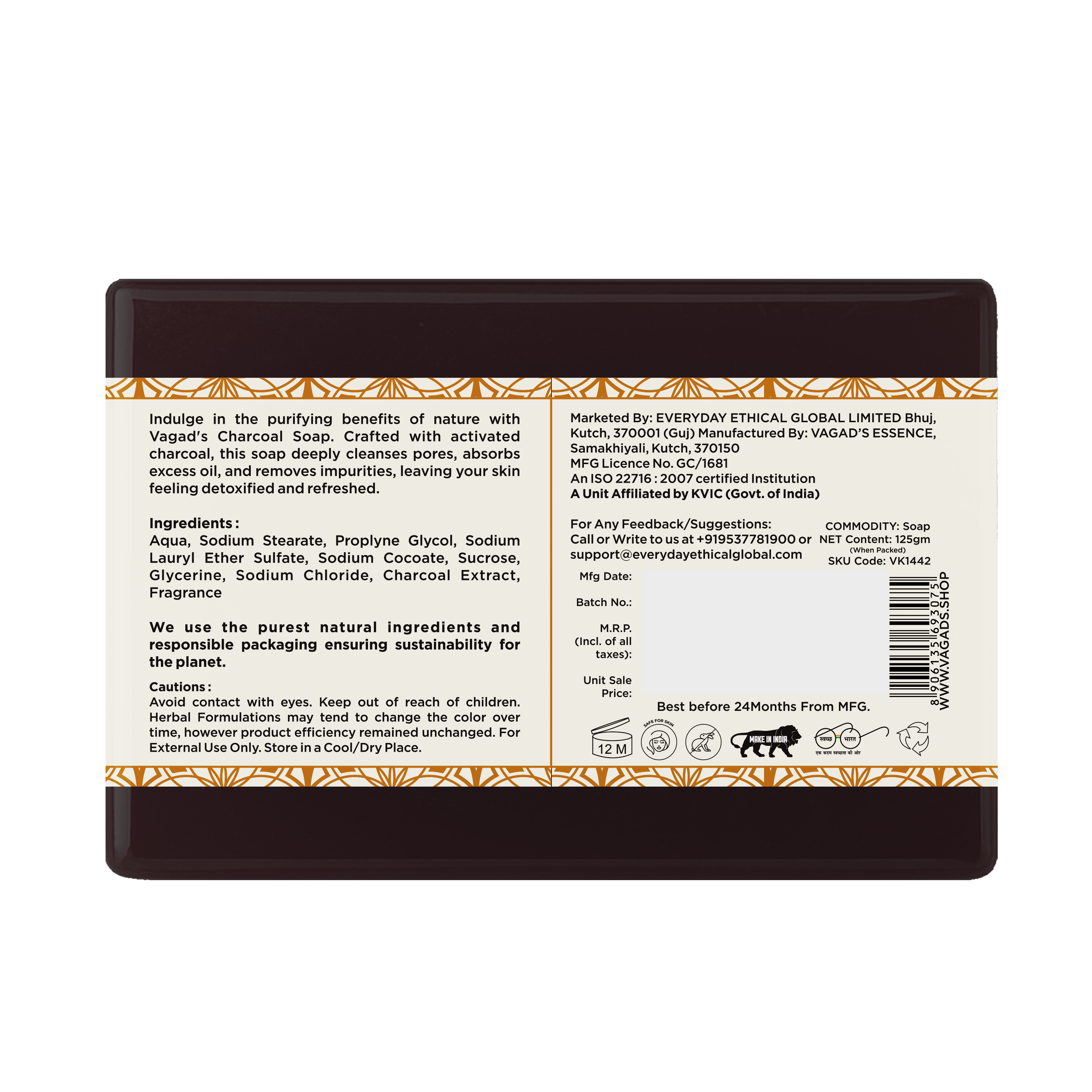 Vagad’s Herbal Activated Charcoal Milky Soap – Deep Detox Cleansing Bar with Charcoal & Milk | Removes Impurities, Excess Oil & Pollutants | Hydrating & Nourishing Formula | Paraben-Free | For All Skin Types - 125gm (Pack of 3)