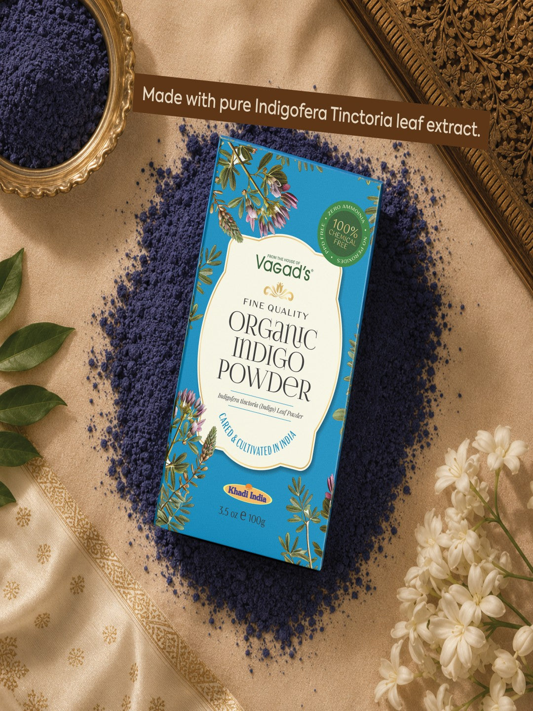 Vagad's Organic Indigo Powder – Natural Hair Dye for Grey Coverage & Deep Conditioning – 100% Pure and Chemical-Free – 100g