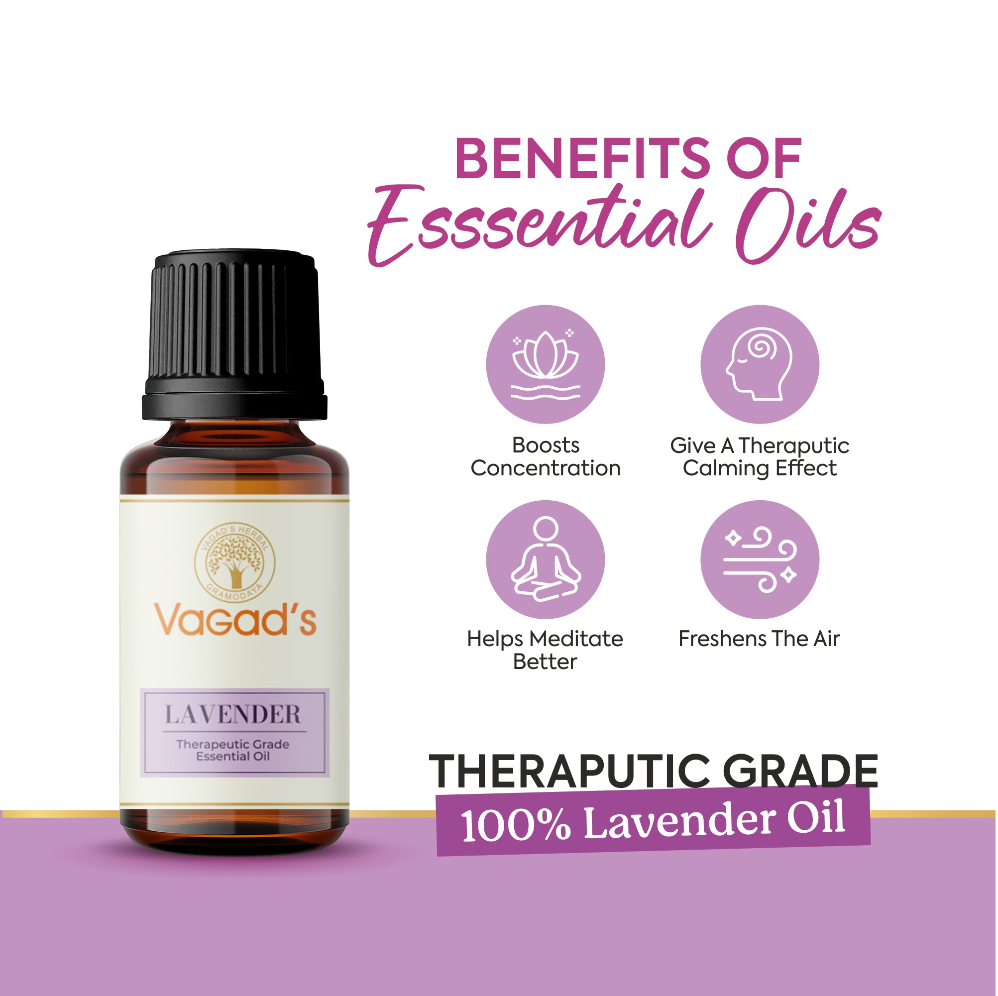 Vagad's Herbal Lvender Essential Oil – 100% Pure & Natural | For Aromatherapy, Massage & Skincare - 15ml