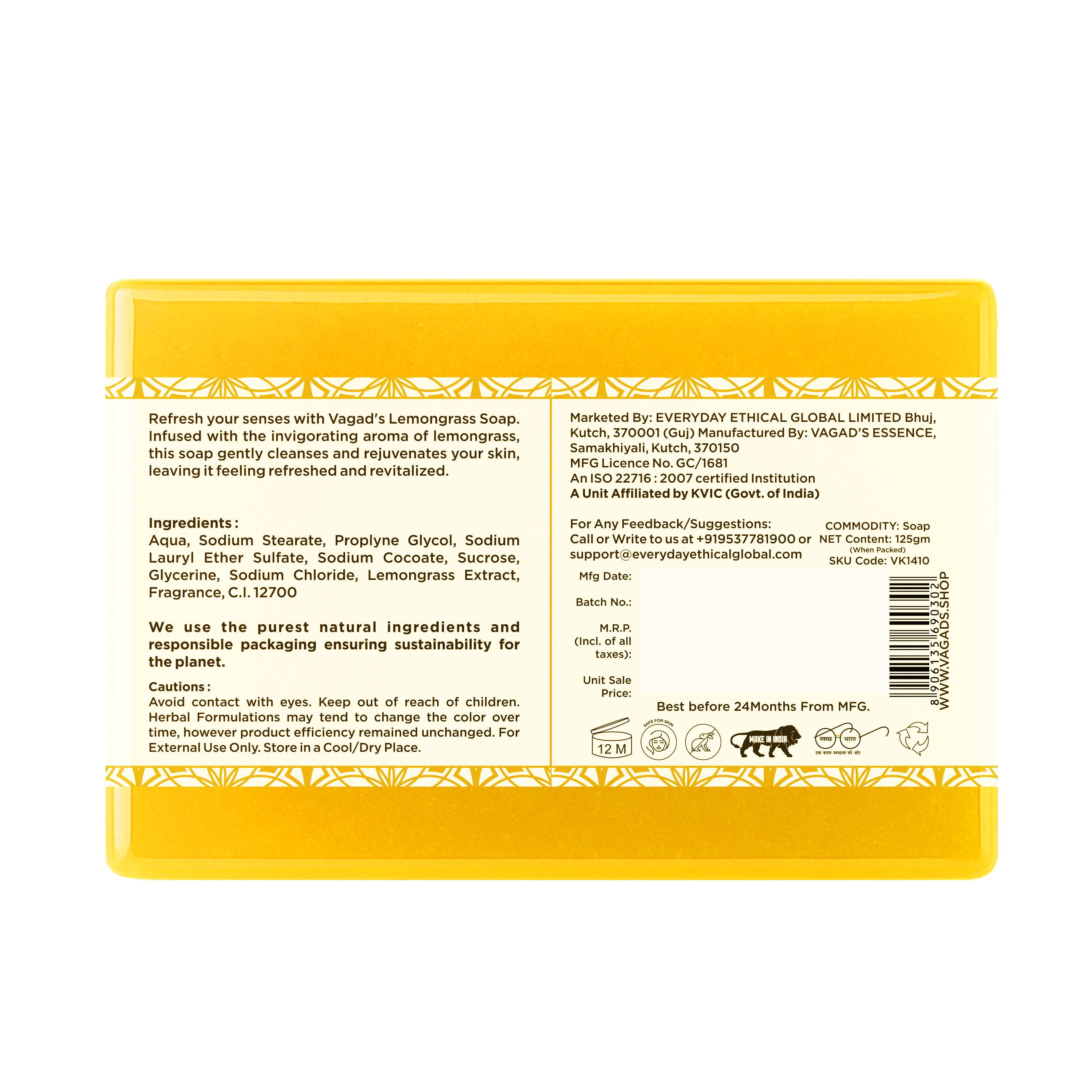 Vagad’s Herbal Lemongrass Soap – Energizing Citrus Cleanser with Natural Lemongrass Extracts | Refreshes & Revives Skin | Paraben-Free & Sulphate-Free - 125gm (Pack of 3)