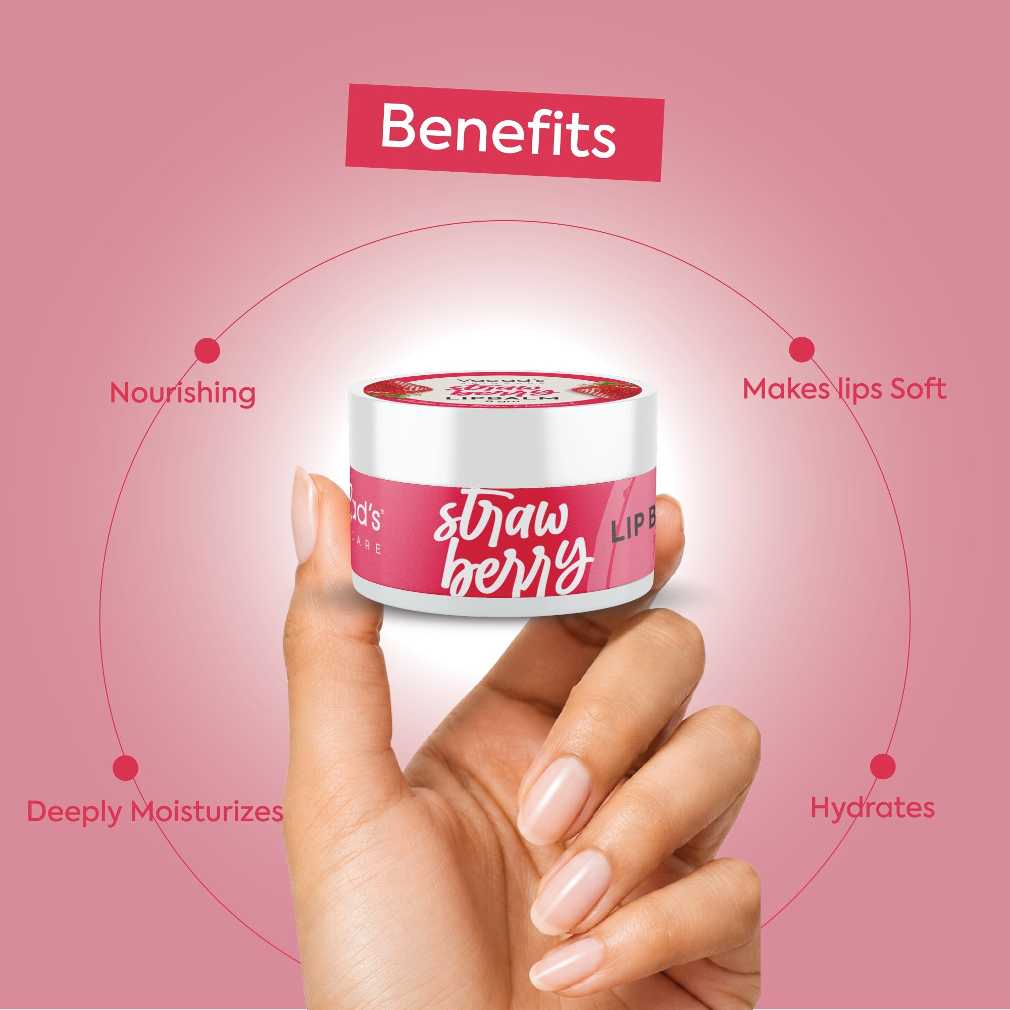 Vagad's Herbal Strawberry Lip Balm | Deeply Nourishing Lip Care with Natural Strawberry Extracts & UV Protection | Soft, Hydrated & Smooth Lips | Paraben-Free | Sweet Fruity Flavor - 8gm