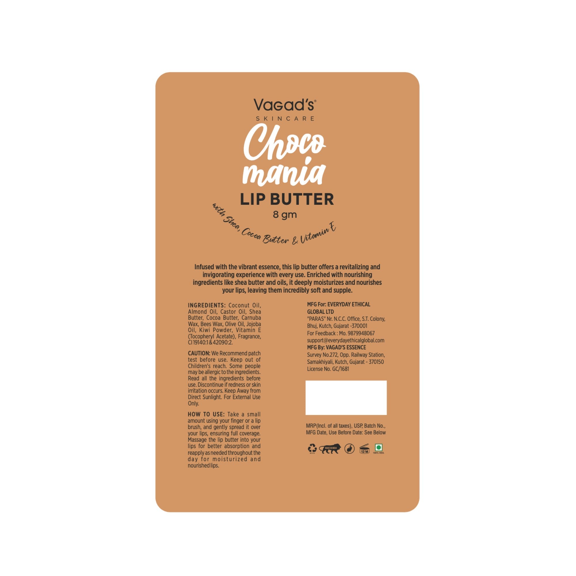 Vagad's Herbal Choco Mania Lip Balm | Cocoa Butter Enriched | Intense Hydration with Decadent Chocolate Flavor | Soft, Smooth & Nourished Lips | Paraben-Free, Natural Lip Care for Daily Use - 8gm