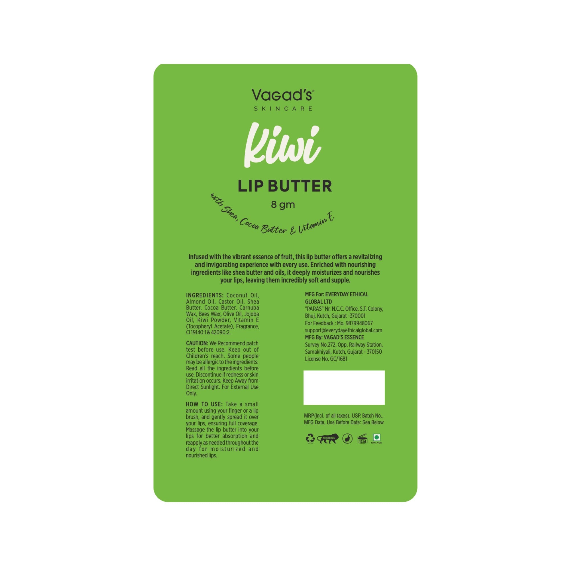 Vagad's Herbal Kiwi Lip Balm | Nourishing & Hydrating Lip Care with Natural Kiwi Extracts | For Soft, Smooth & Supple Lips | Paraben-Free | Tropical Fruity Flavor - 8gm