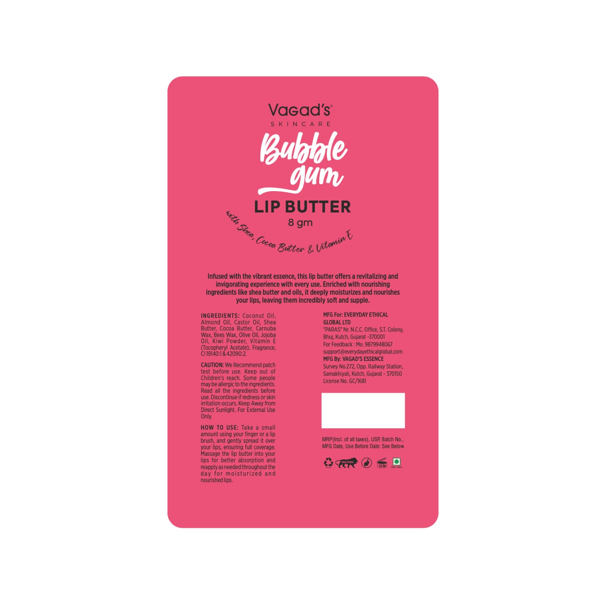 Vagad's Herbal Bubble Gum Lip Balm | Sweet Bubble Gum Flavor | Deep Hydration with Natural Ingredients | Fun, Nourishing & Chemical-Free Lip Care | Soft & Supple Lips All Day - 8g, Fun and Flavored Lip Care for Irresistible Softness - 8gm