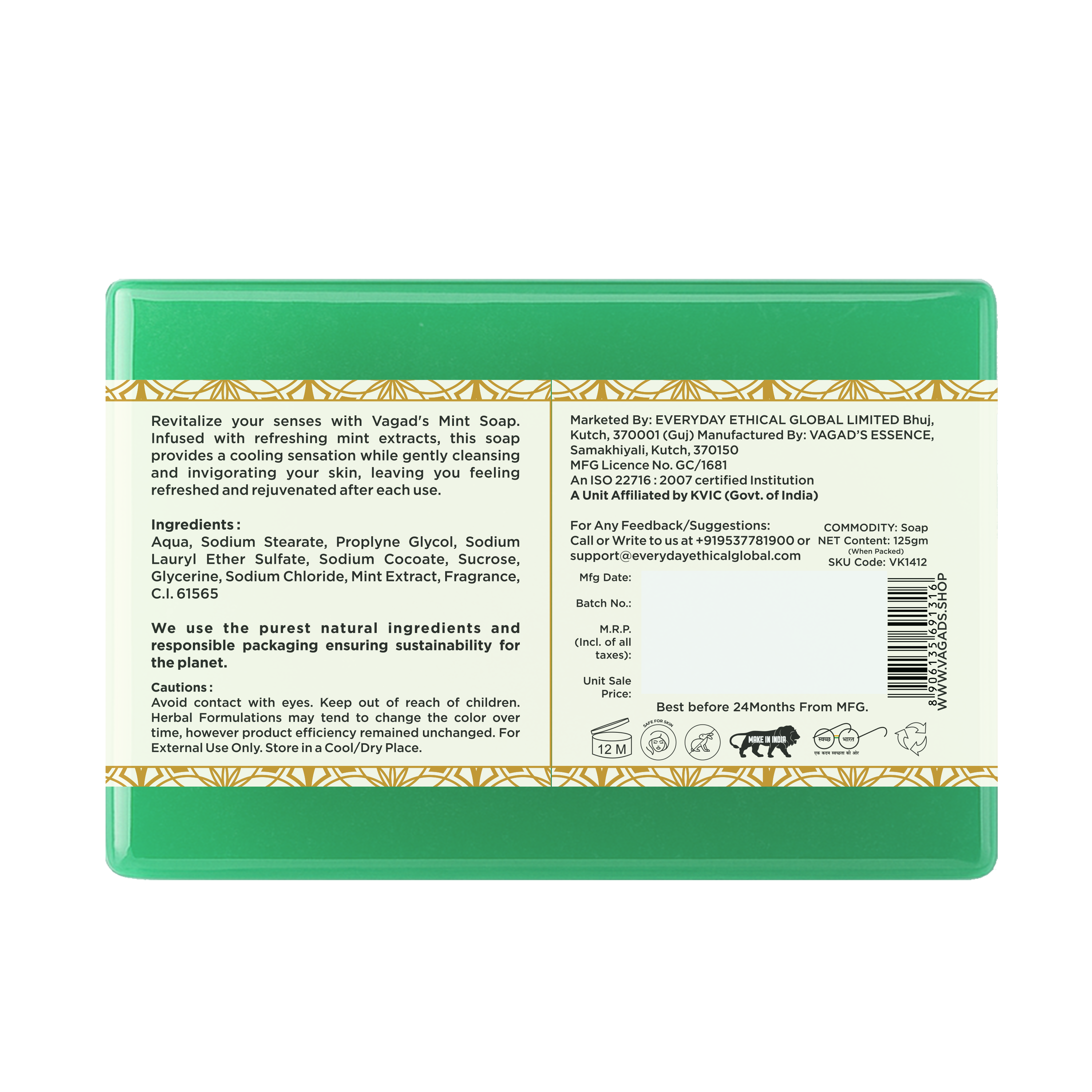 Vagad's Herbal Mint Soap | With Natural Mint Extracts | Cooling & Refreshing Herbal Bathing Bar | Gently Cleanses & Energizes Skin | Handmade Soap for All Skin Types - 125gm (Pack of 3)