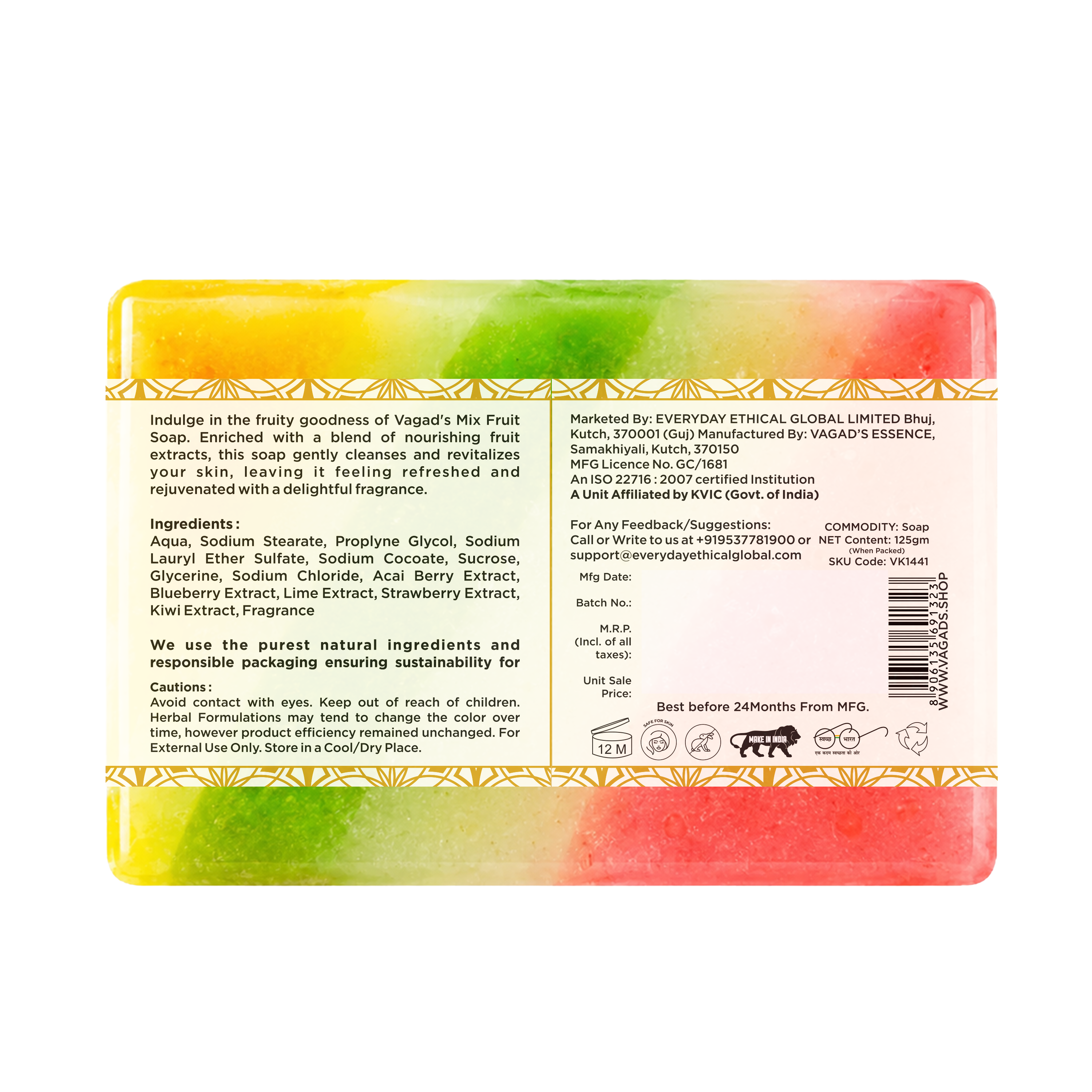 Vagad’s Herbal Mix Fruit Soap – Refreshing Fruit-Infused Bath Bar | Packed with Natural Fruit Extracts & Antioxidants | Deep Cleansing & Skin Nourishing Formula | Paraben-Free | For All Skin Types- 125gm (Pack of 3)