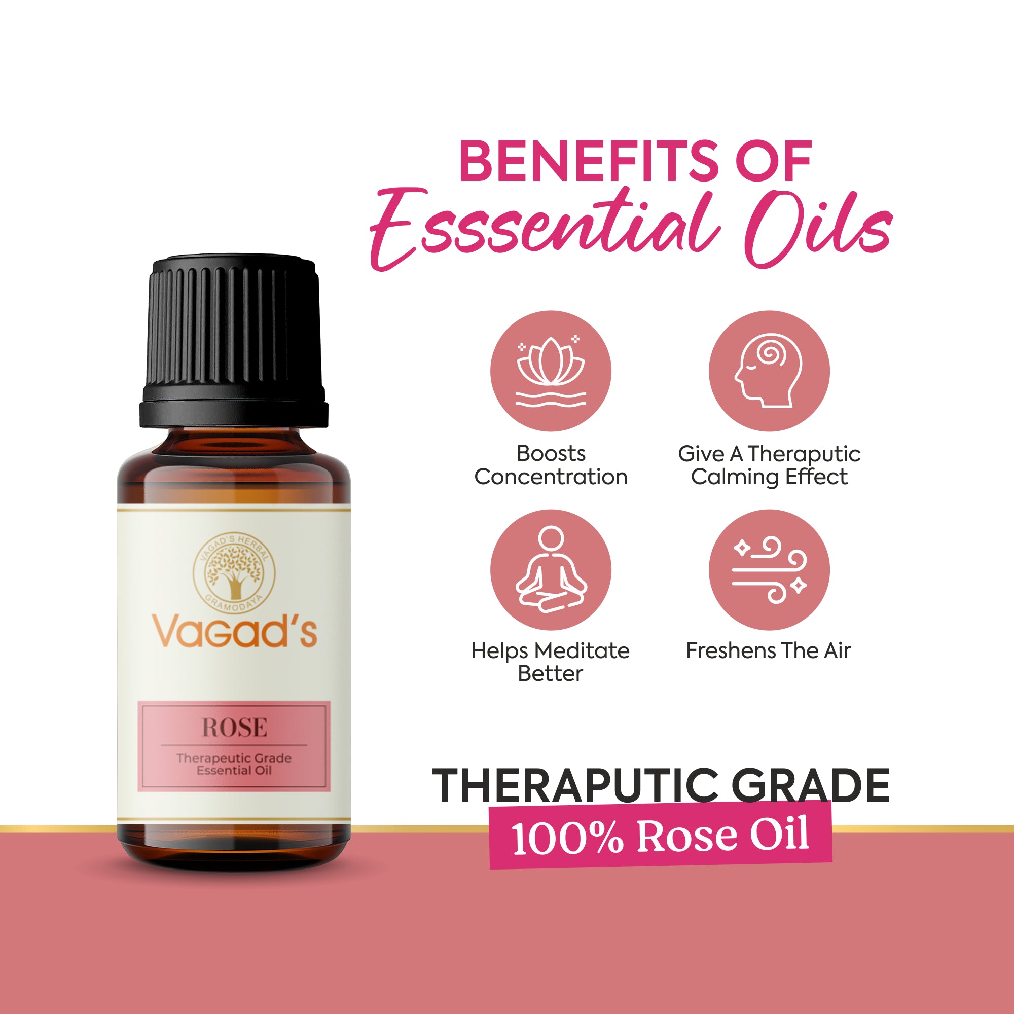 Vagad's Herbal Pure & Natural Rose Essential Oil – Therapeutic Grade Rosa Damascena Oil for Aromatherapy, Skincare, Relaxation, and Wellness (Steam Distilled, No Additives) - 15ml