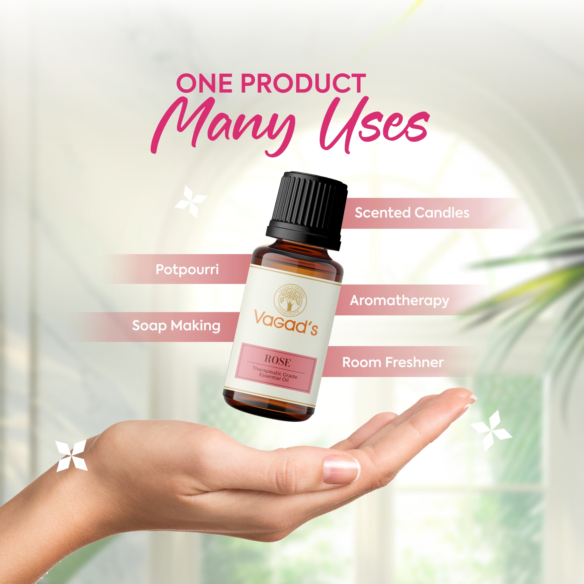 Vagad's Herbal Pure & Natural Rose Essential Oil – Therapeutic Grade Rosa Damascena Oil for Aromatherapy, Skincare, Relaxation, and Wellness (Steam Distilled, No Additives) - 15ml