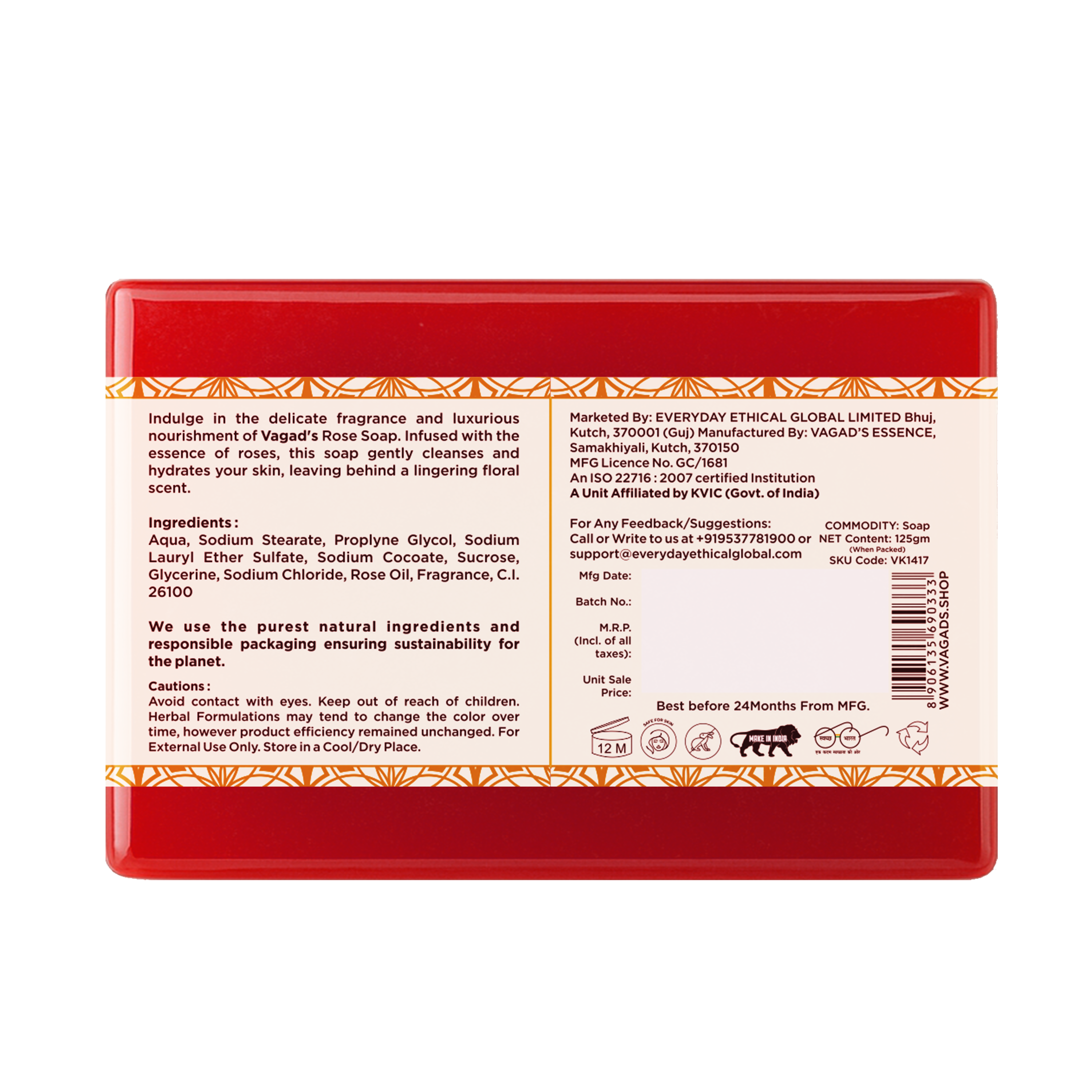 Vagad's Herbal Rose Soap | Glycerine |a handmade herbal glycerine based soap with essential oils | For All Skin Types - 125gm (Pack of 3)