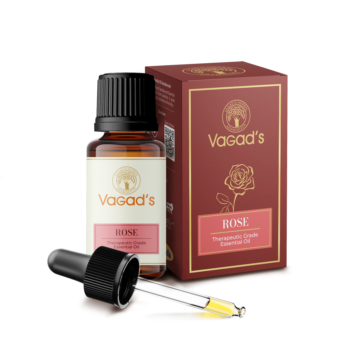 Vagad's Herbal Pure & Natural Rose Essential Oil – Therapeutic Grade Rosa Damascena Oil for Aromatherapy, Skincare, Relaxation, and Wellness (Steam Distilled, No Additives) - 15ml
