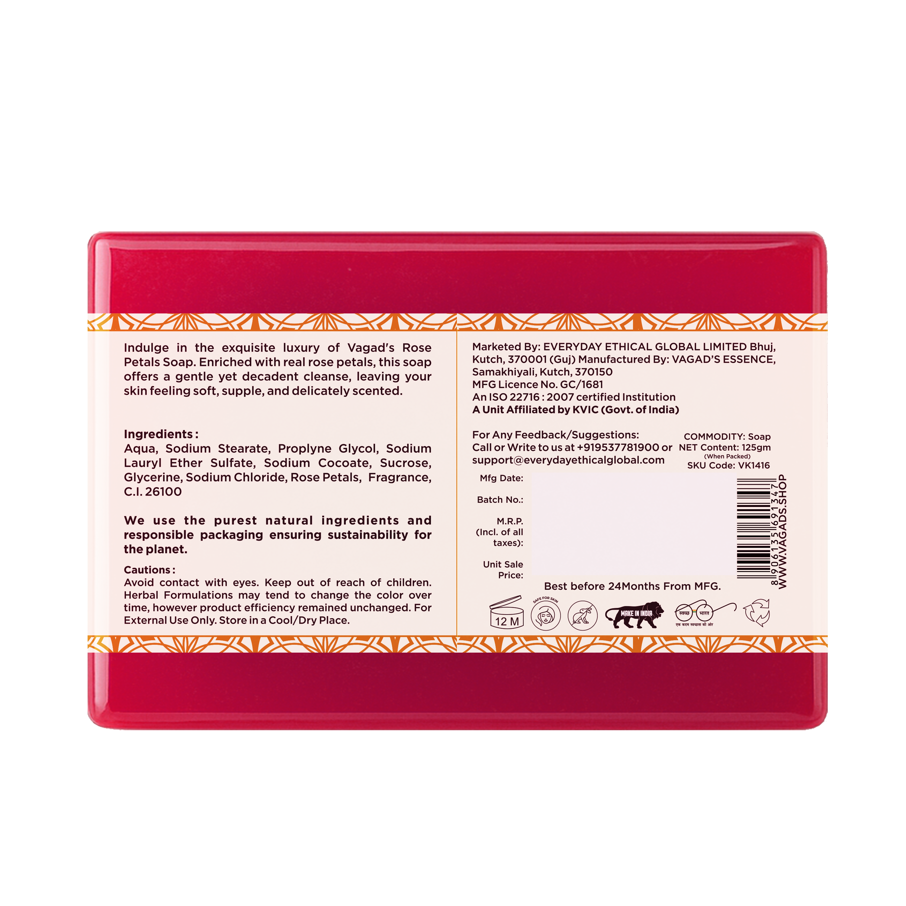 Vagad's Herbal Rose Honey with Rose Petal Soap | Natural Handmade Soap for Glowing, Smooth & Hydrated Skin | Gentle Cleansing with Mild Antiseptic Benefits | Paraben & Sulphate Free - 125gm (Pack of 3)