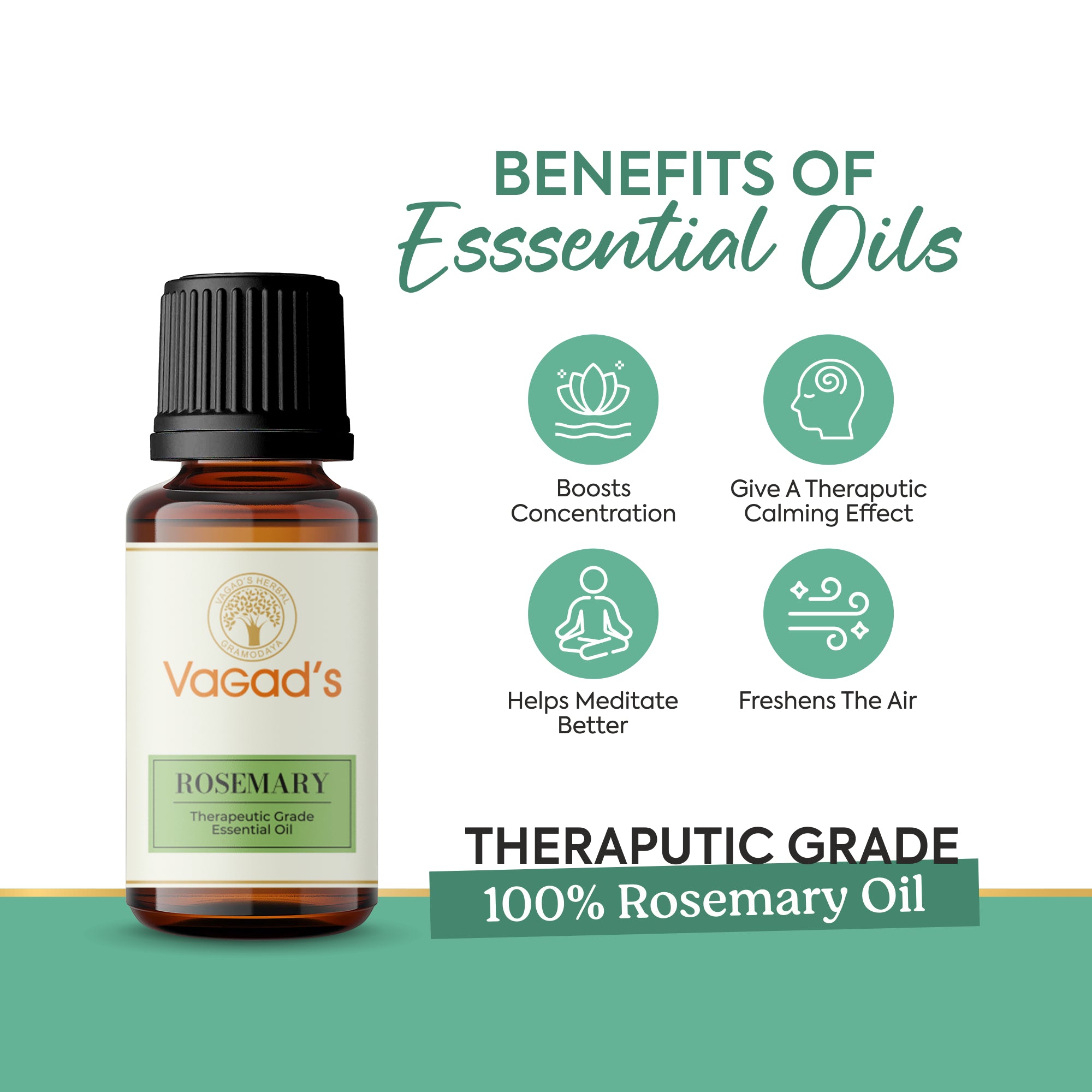 Vagad's Herbal Rosemary Essential Oil – 100% Pure & Natural | For Hair, Skin & Aromatherapy - 15ml