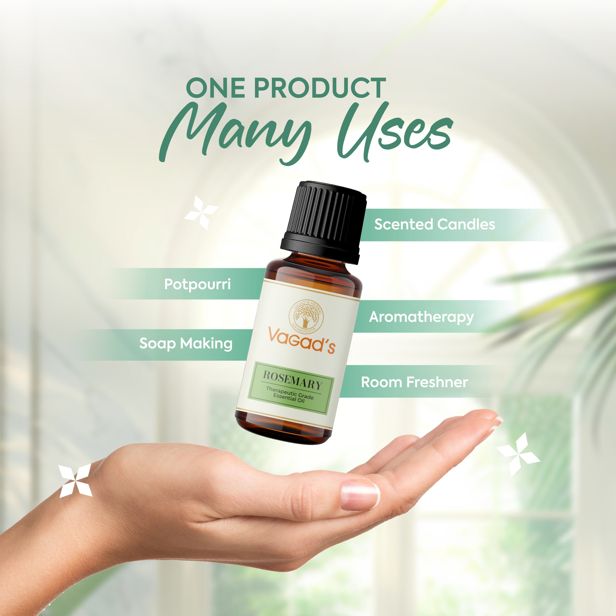 Vagad's Herbal Rosemary Essential Oil – 100% Pure & Natural | For Hair, Skin & Aromatherapy - 15ml