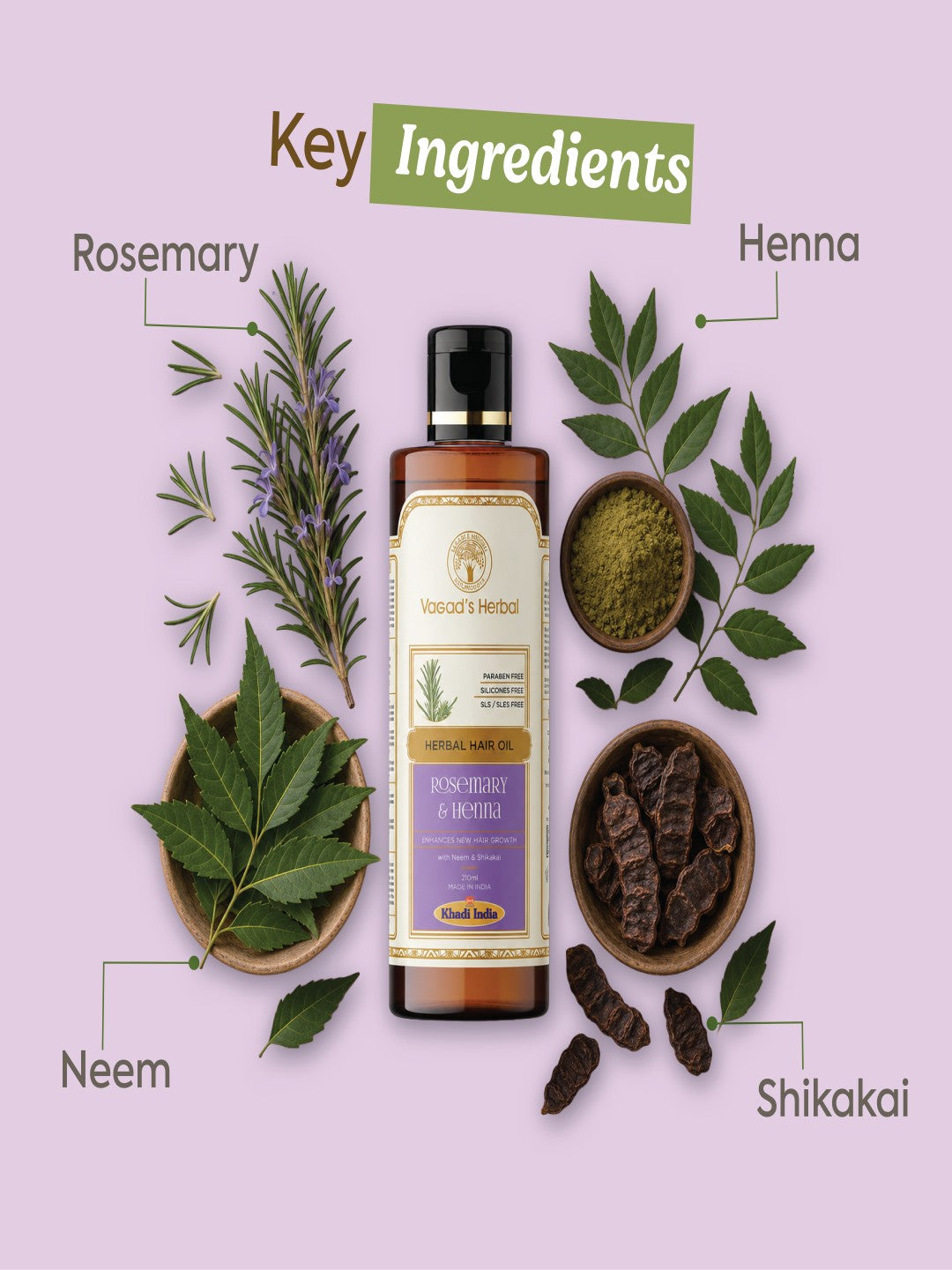 Vagad’s Herbal Rosemary & Henna Hair Oil – For Hair Strengthening, Shine & Reduced Hair Fall - 210ml