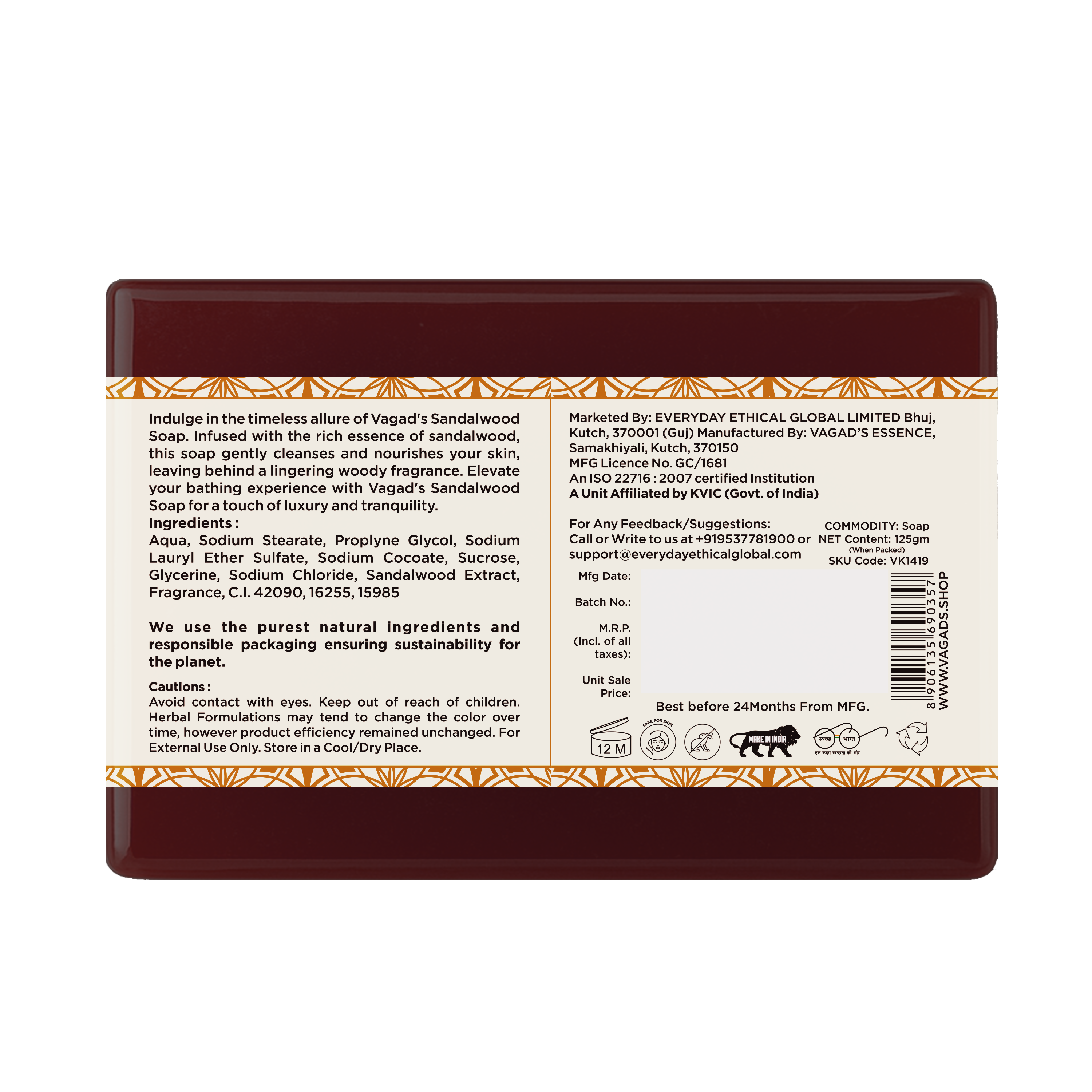 Vagad’s Herbal Sandalwood & Honey Herbal Bathing Soap – Natural, Moisturizing & Calming Ayurvedic Soap Bar for Glowing, Soft, and Nourished Skin (No Parabens, No Sulphates - 125gm (Pack of 3)