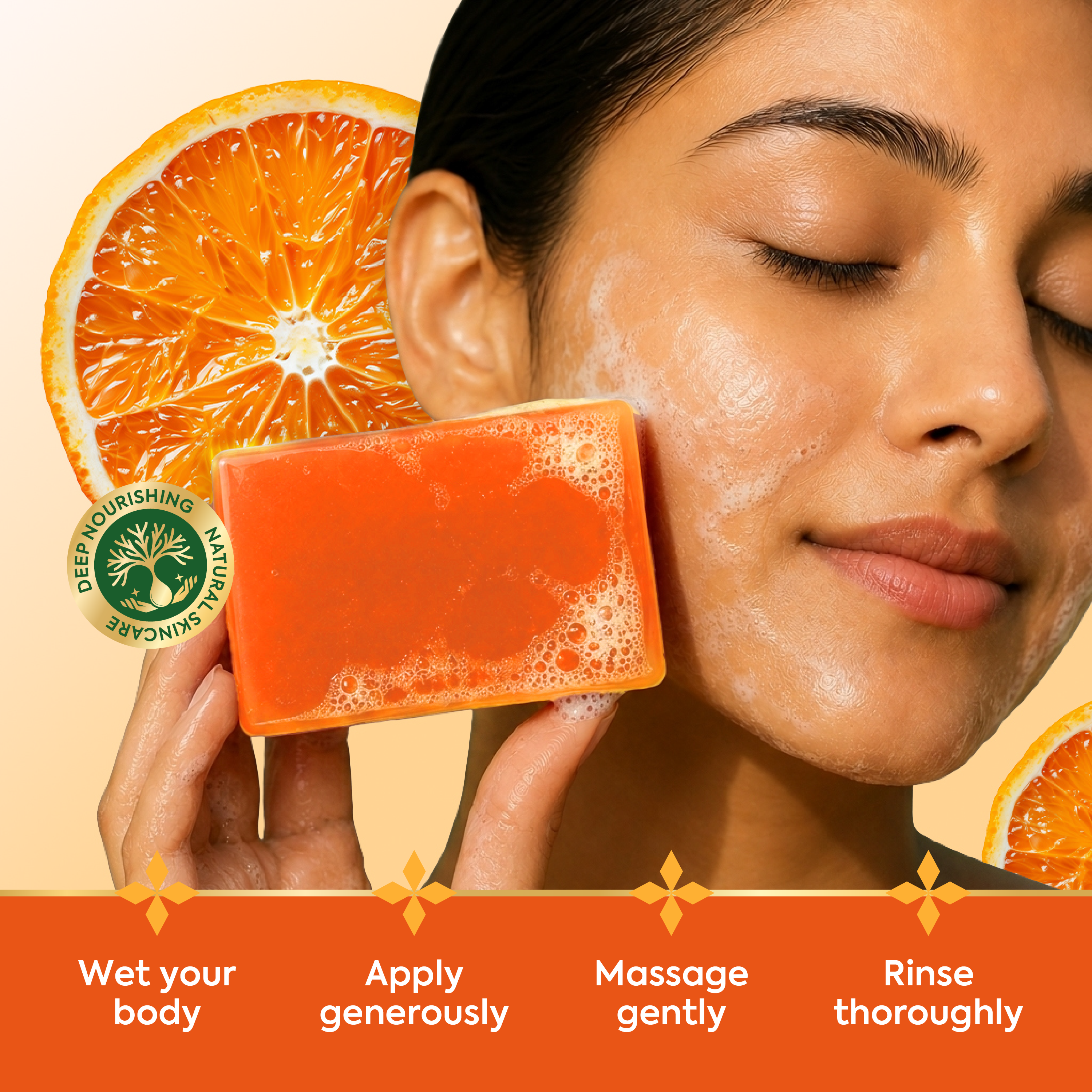 Vagad's Herbal Orange Soap | With Natural Orange Peel Extracts & Vitamin C | Handmade Herbal Soap for Glowing & Refreshed Skin | Uplifting Citrus Aroma | For All Skin Types - 125gm (Pack of 3)