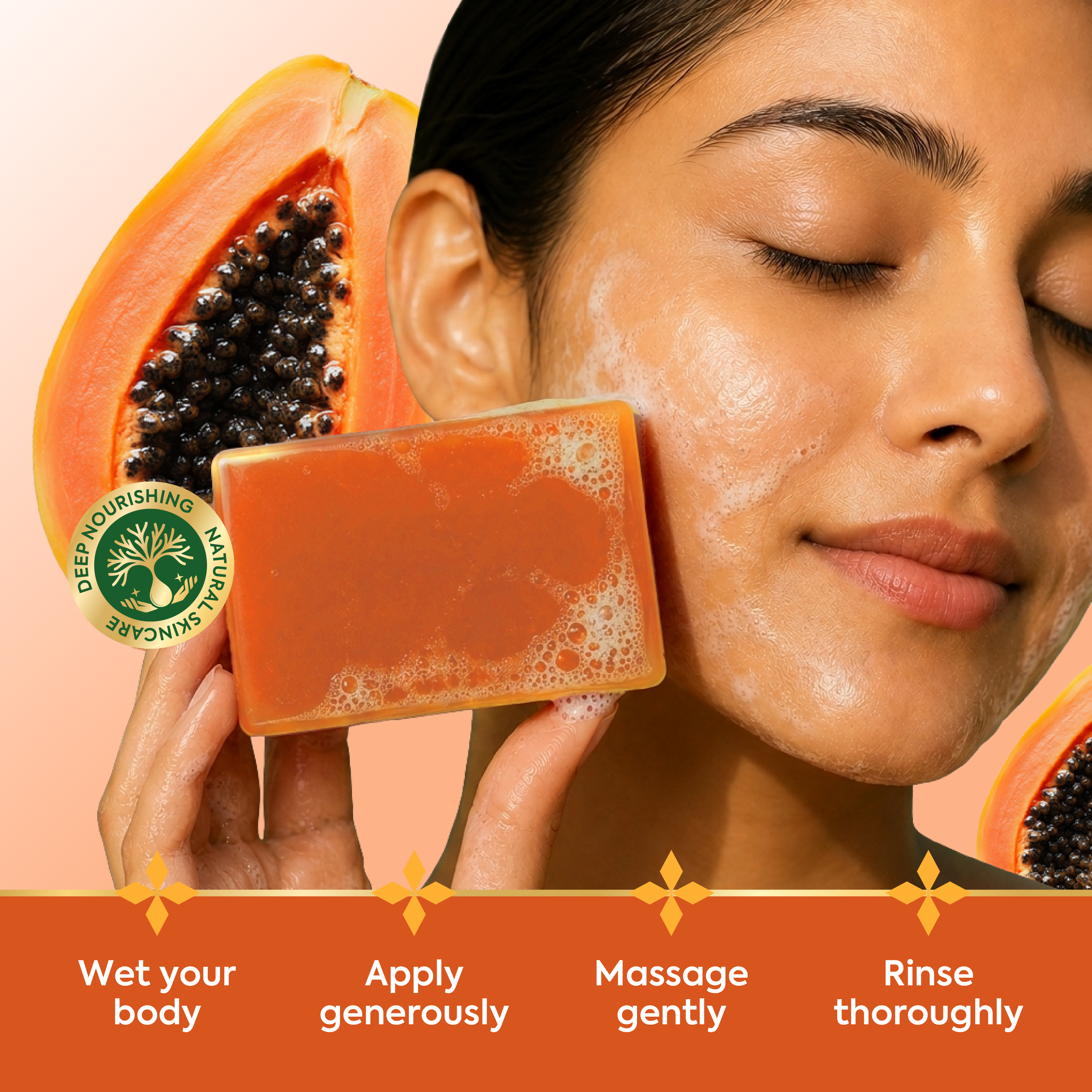 Vagad's Herbal Papaya Soap | Natural Handmade Soap for Skin Brightening & Gentle Exfoliation | With Papaya Enzymes | Paraben & Sulphate Free Bath Bar - 125gm (Pack of 3)