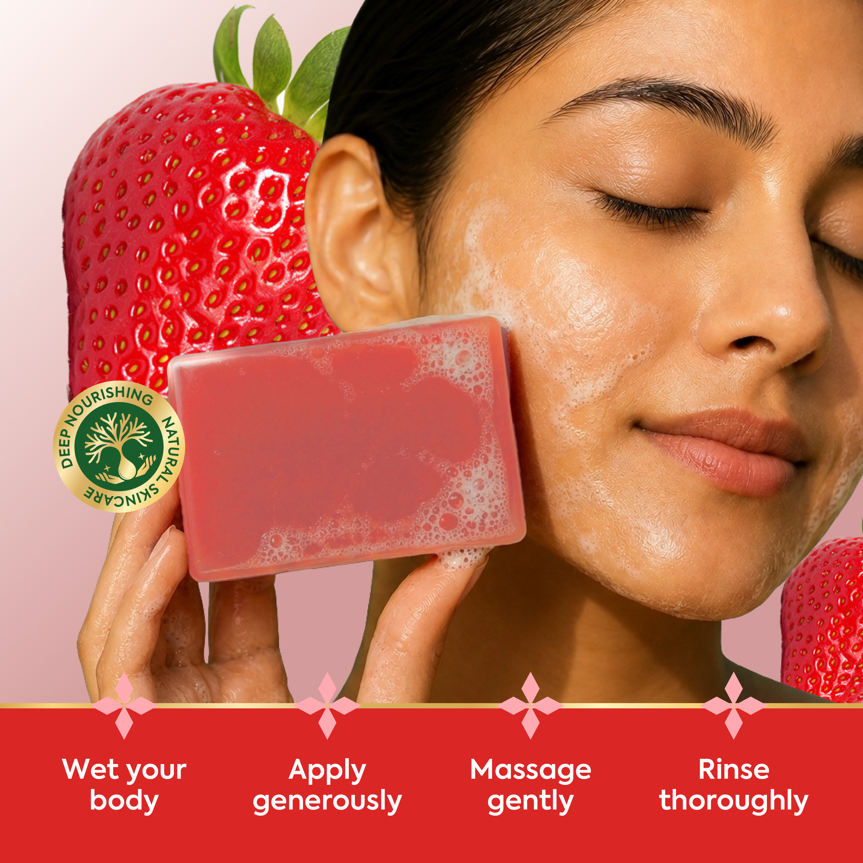 Vagad's Herbal Strawberry Soap | Natural Handmade Soap with Vitamin C & Antioxidants | Skin Brightening & Moisturizing Bath Bar | Paraben & Sulphate Free - 125gm (Pack of 3)