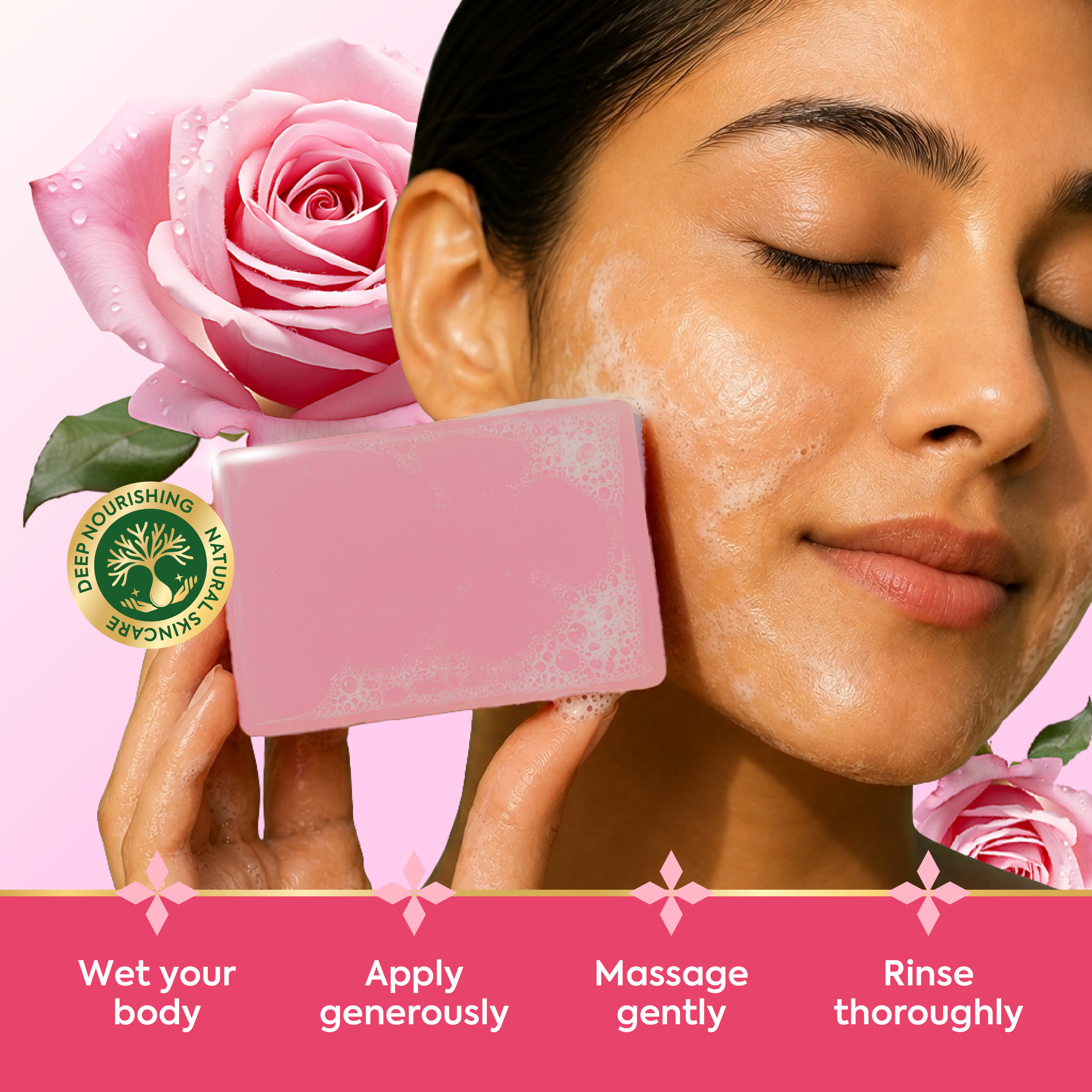 Vagad’s Herbal Rose Water Soap – Gentle Hydrating Cleanser with Natural Rose Extracts | Floral Fragrance & Moisturizing Formula | For Soft, Radiant Skin | Paraben-Free & Cruelty-Free - 125gm (Pack of 3)