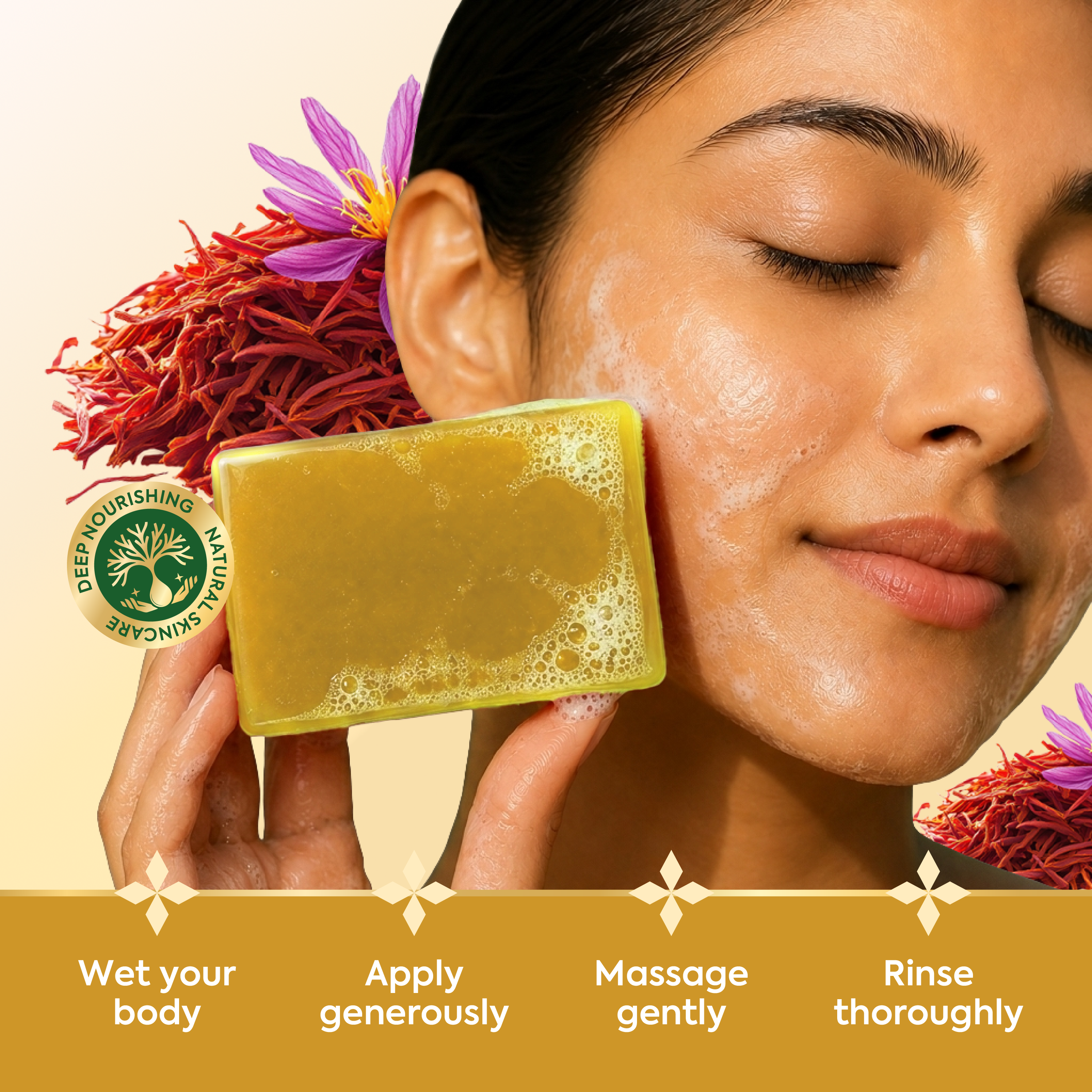 Vagad's Herbal Saffron Soap | Natural Handmade Soap for Radiant & Even-Toned Skin | Brightening & Moisturizing Bath Bar with Saffron Extracts | Paraben & Sulphate Free - 125gm (Pack of 3)