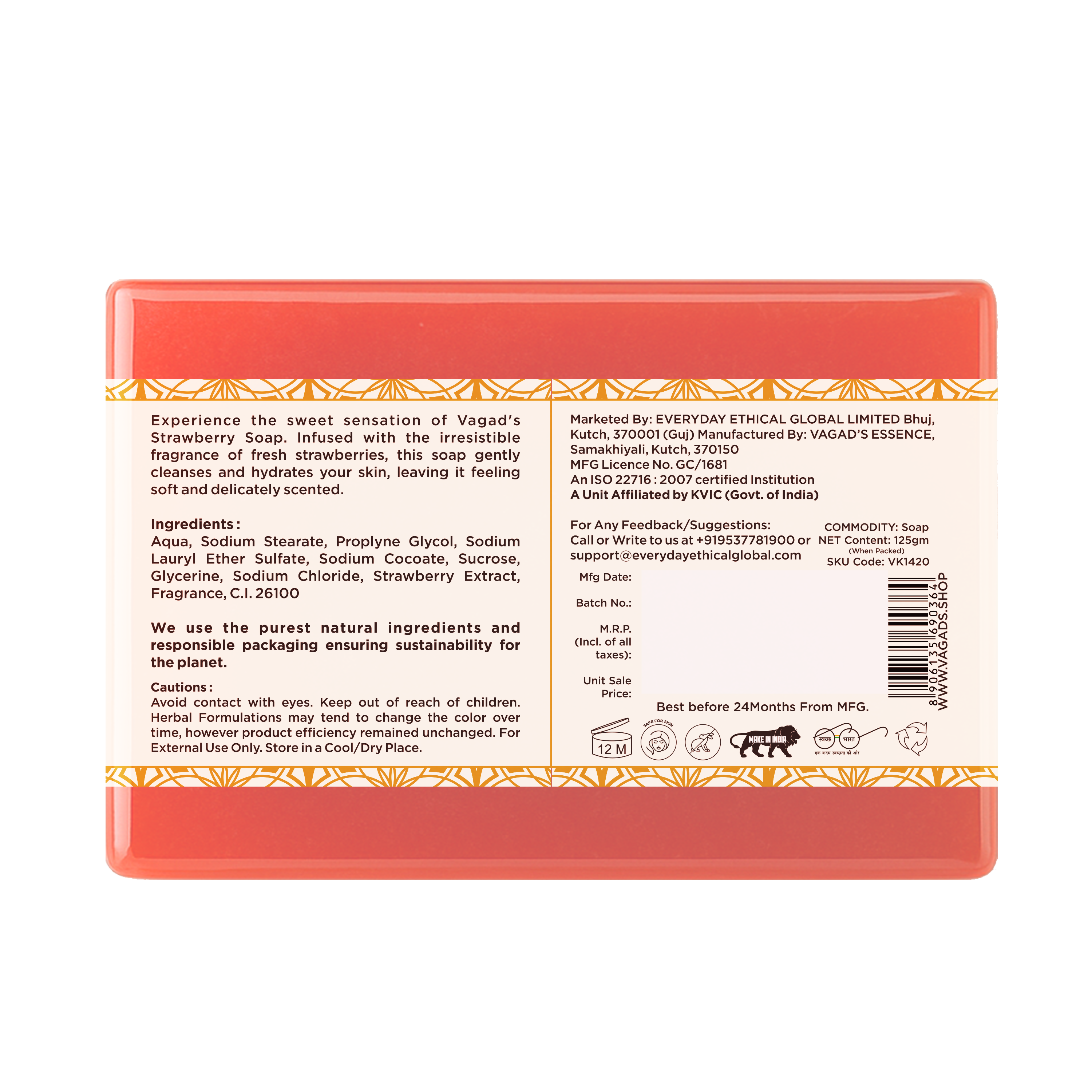 Vagad's Herbal Strawberry Soap | Natural Handmade Soap with Vitamin C & Antioxidants | Skin Brightening & Moisturizing Bath Bar | Paraben & Sulphate Free - 125gm (Pack of 3)