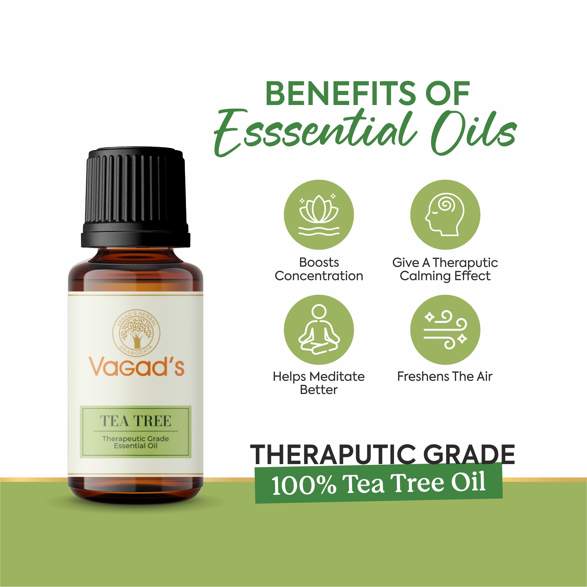 Vagad's Herbal Pure & Natural Tea Tree Essential Oil – Therapeutic Grade Antibacterial Oil for Acne, Skin, Hair, Aromatherapy & Home Care (Steam Distilled, No Additives) - 15ml